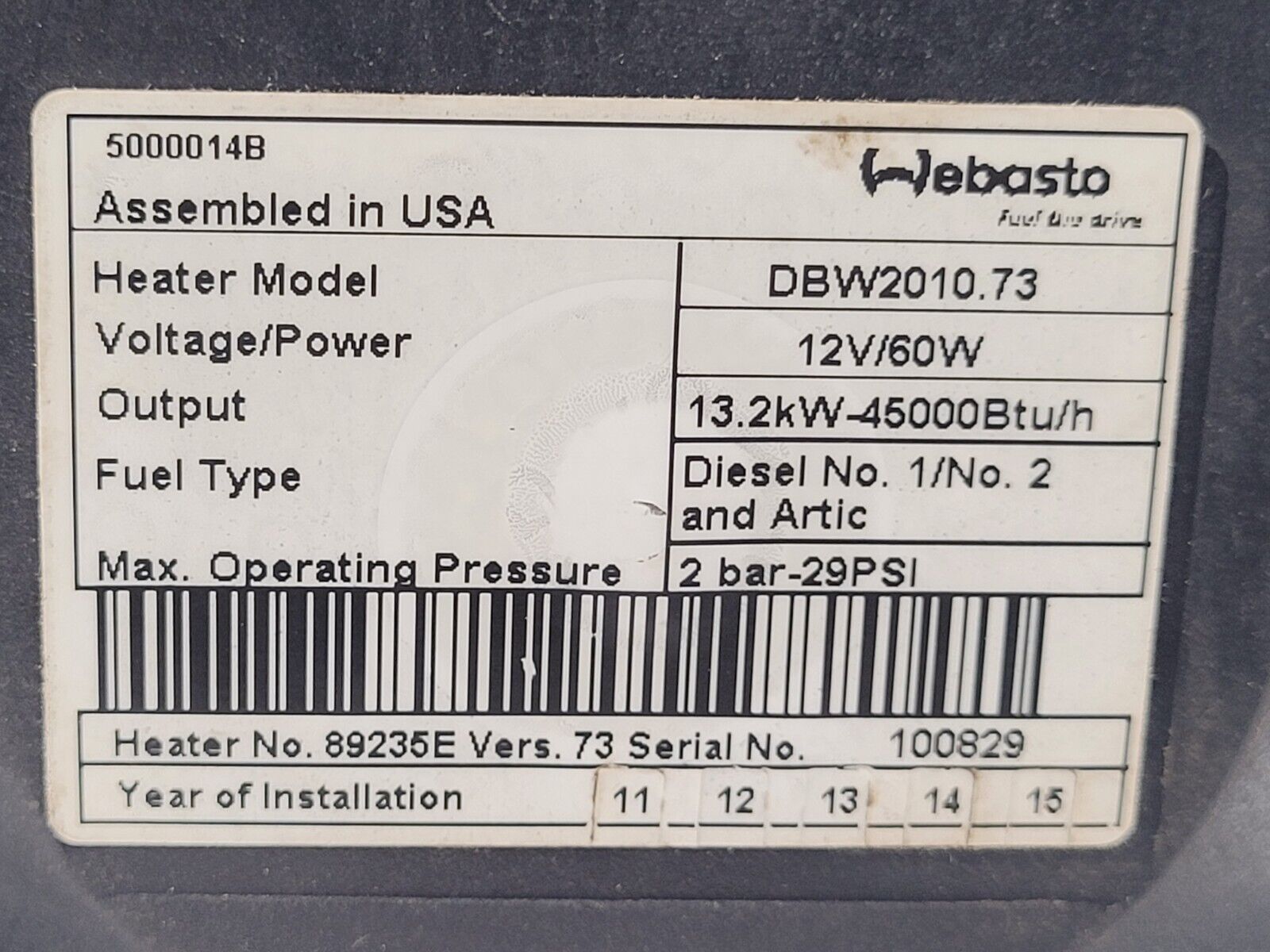 Webasto DBW2010.73 12V/60W 45000 Btu/h Coolant Heater Diesel Needs Some Work