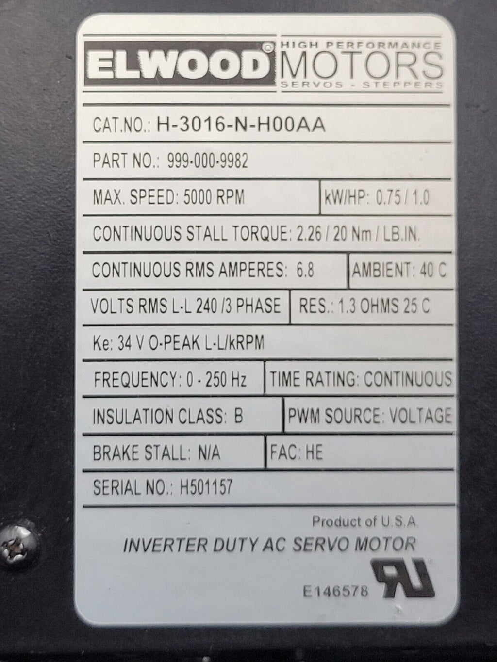 Elwood Rockwell Servo Motor 999-000-9982 H-3016-N-H00AA Working Pull C