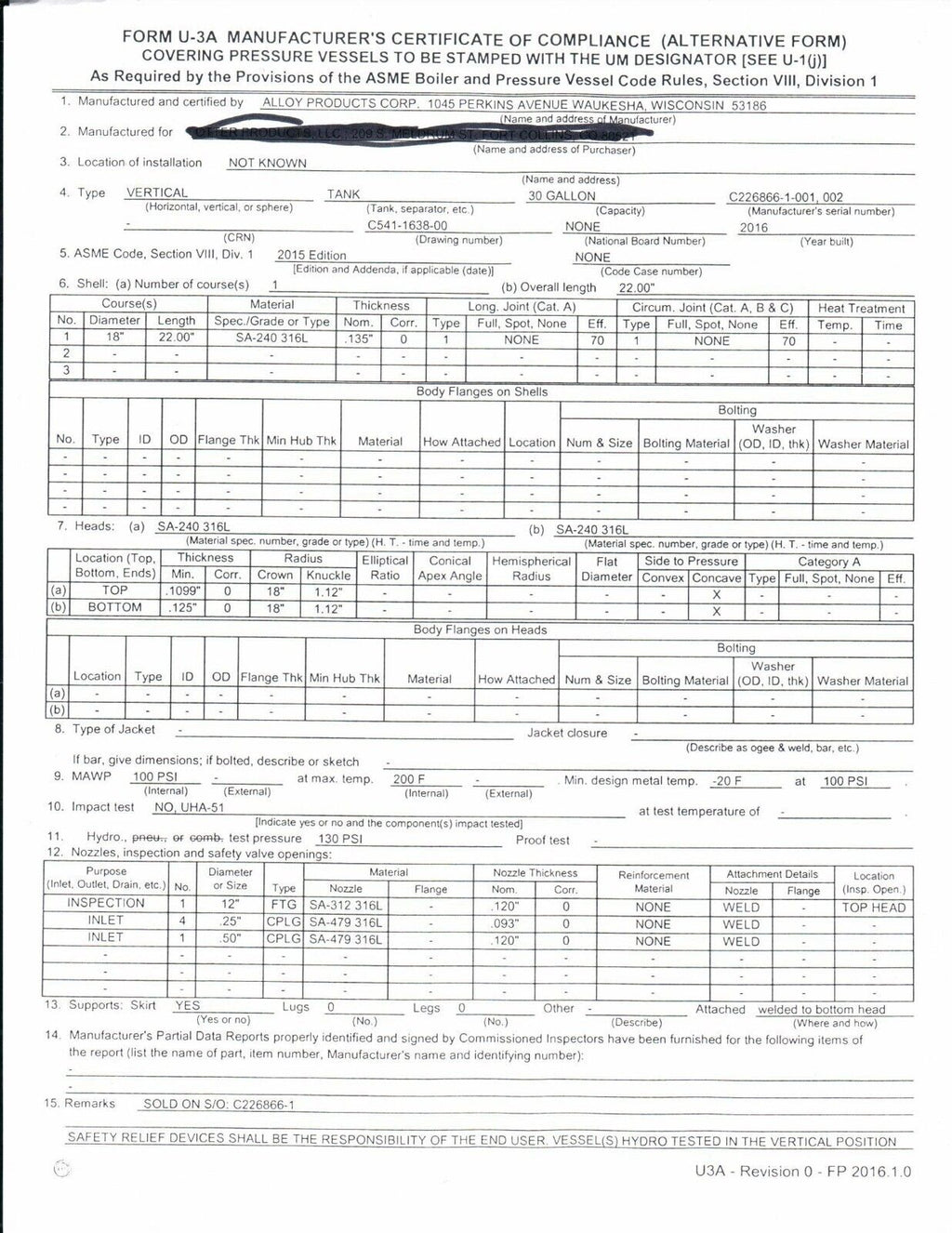 18" OD 30 Gal 100PSI MAWP Stainless Steel Pressure Tank, lid,  SS Tank w/ certs