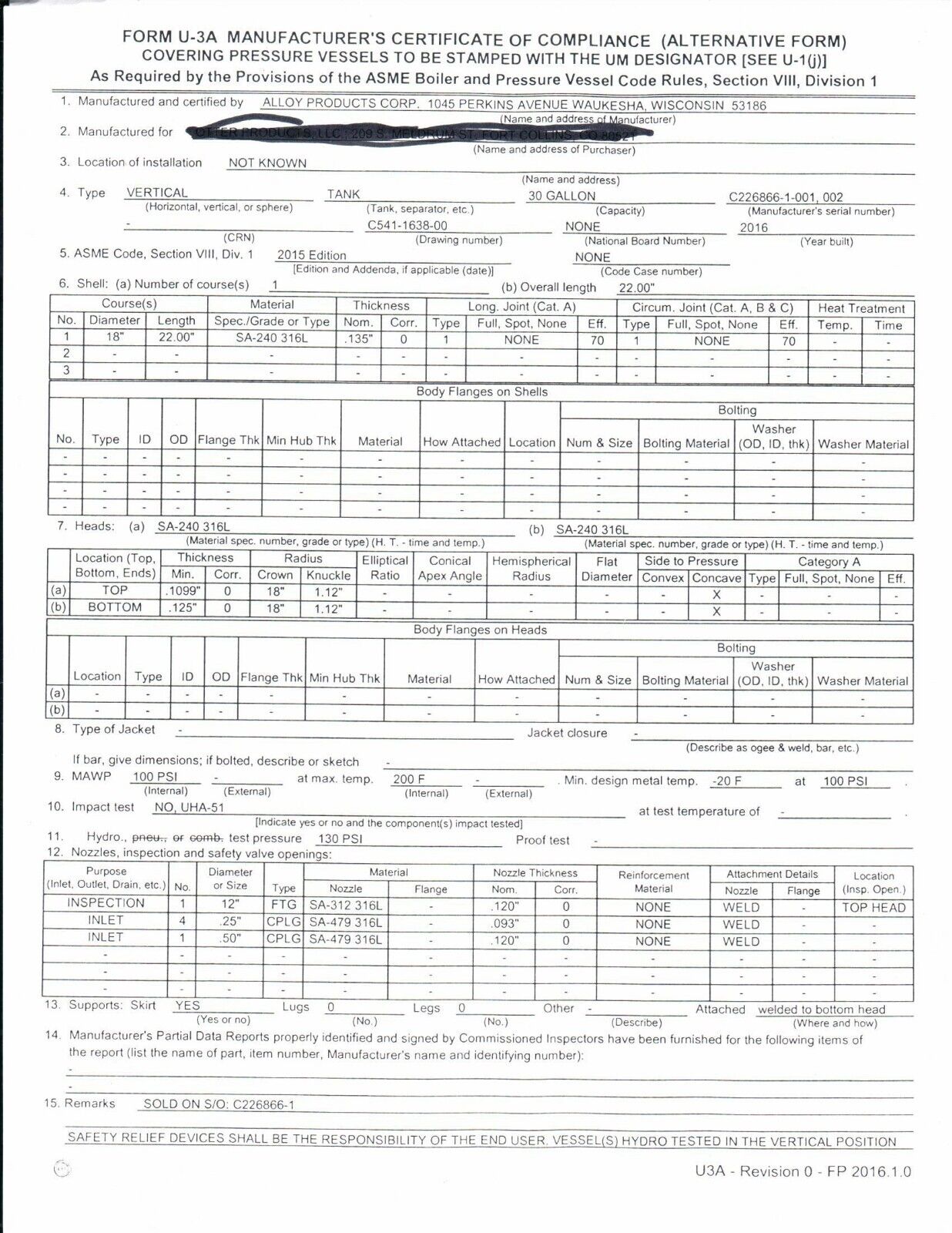 18" OD 30 Gal 100PSI MAWP Stainless Steel Pressure Tank, lid,  SS Tank w/ certs