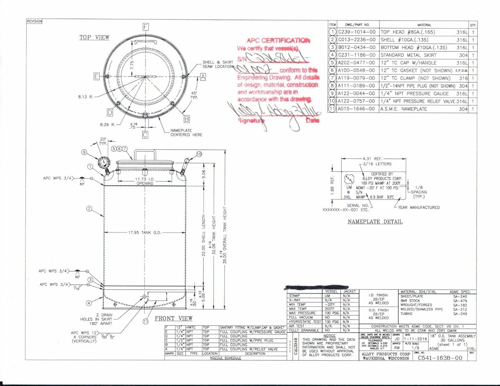 18" OD 30 Gal 100PSI MAWP Stainless Steel Pressure Tank, lid,  SS Tank w/ certs
