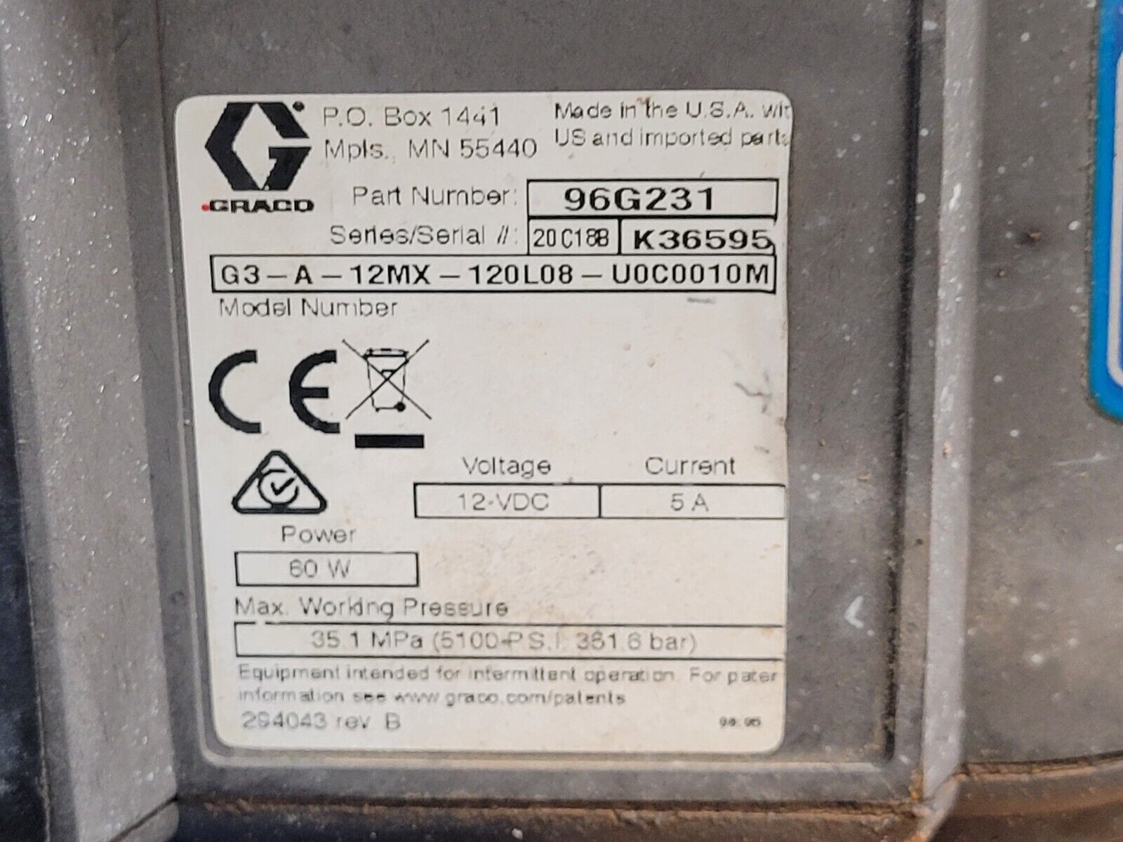 GRACO G3 Lubrication Pump 96G231 G3-A-12MX-120L08 12VDC 5100 PSI Working Pull A