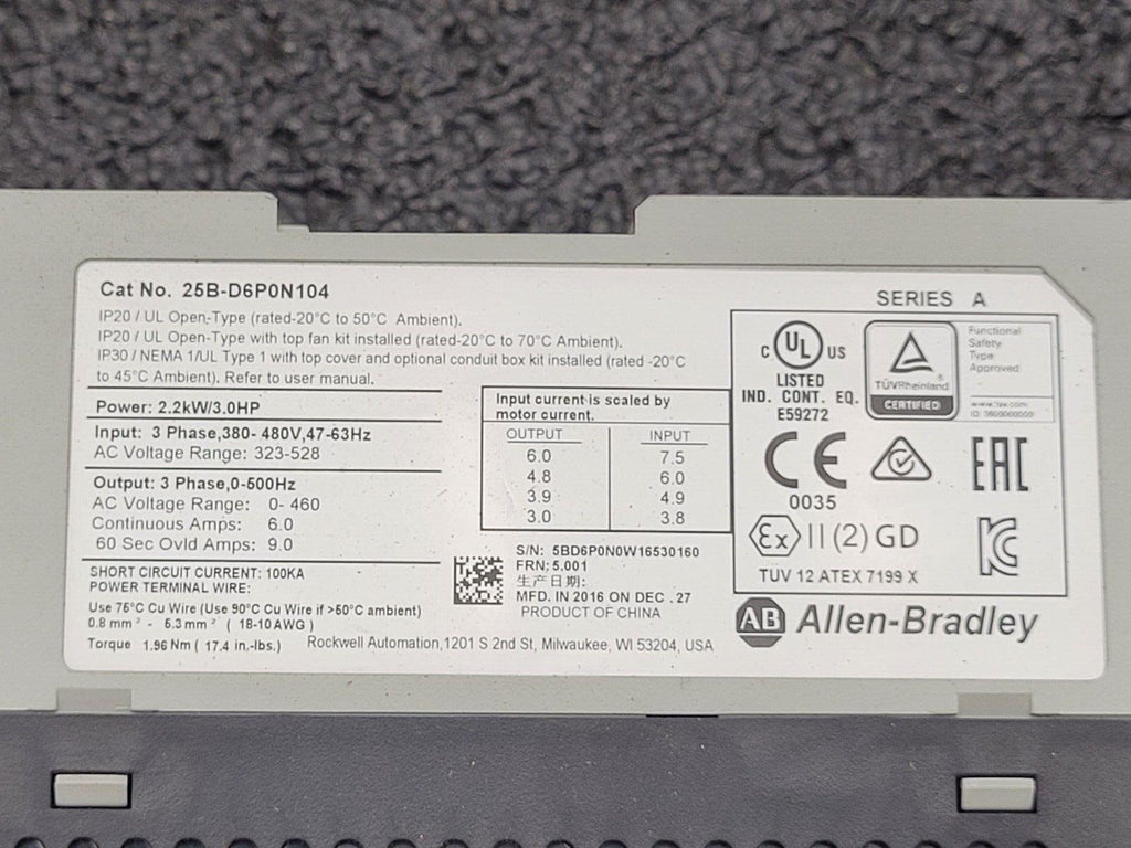 Allen Bradley 25B-D6P0N104 /A PowerFlex 525 EtherNet AC Drive 480V 6A 3HP 2.2kW