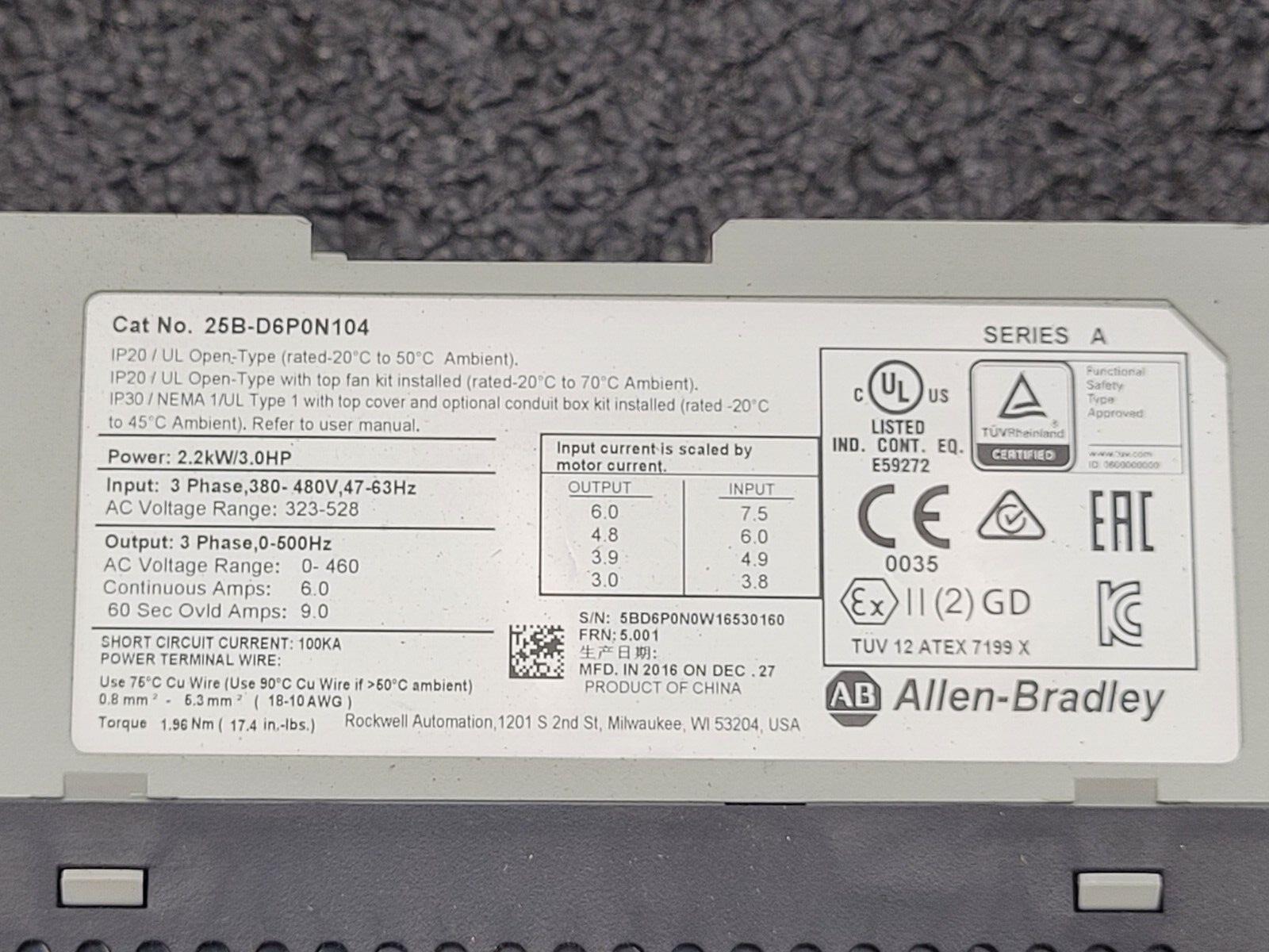 Allen Bradley 25B-D6P0N104 /A PowerFlex 525 EtherNet AC Drive 480V 6A 3HP 2.2kW
