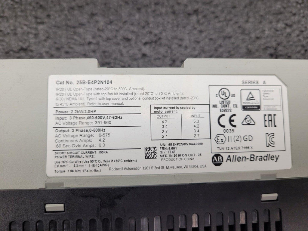 Allen Bradley 25B-E4P2N104 /A PowerFlex 525 EtherNet AC Drive 480V 6A 3HP 2.2kW