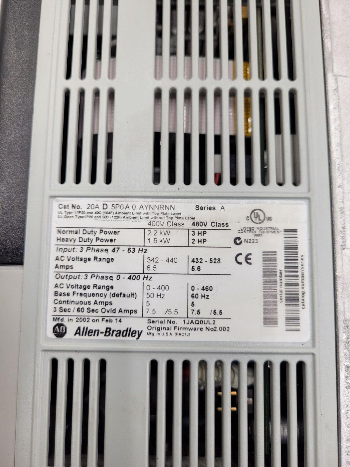 Allen Bradley 20AD5P0A0AYNNRNN /A PowerFlex 70 480V 3HP AC VFD Motor Drive