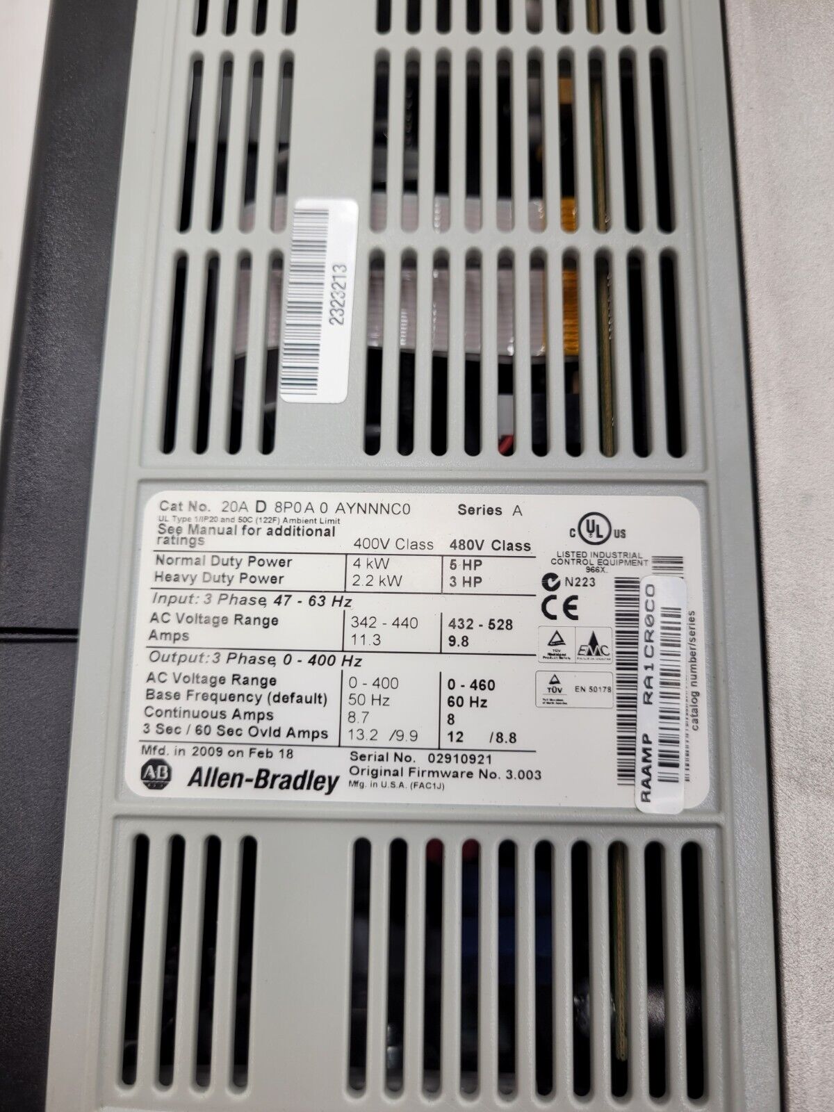 Allen Bradley 20AD8P0A0AYNNNC0 /A PowerFlex 70 480V 5HP AC VFD Motor Drive