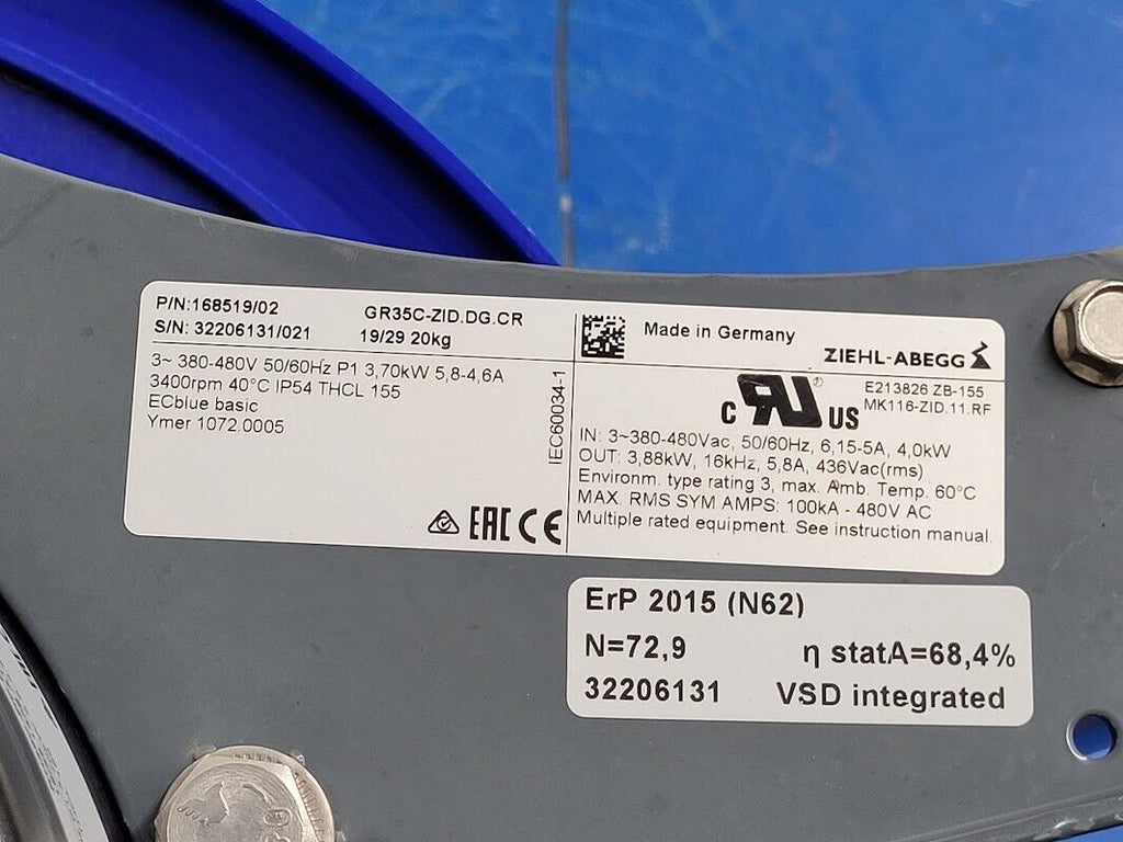 Ziehl Abegg 168519/02 GR35C-ZID.DG.CR Centrifugal Blower Fan 3PH 380-480VAC 3kW