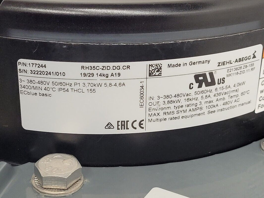 Ziehl Abegg 168519/02 GR35C-ZID.DG.CR Centrifugal Blower Fan 3PH 380-480VAC 3kW