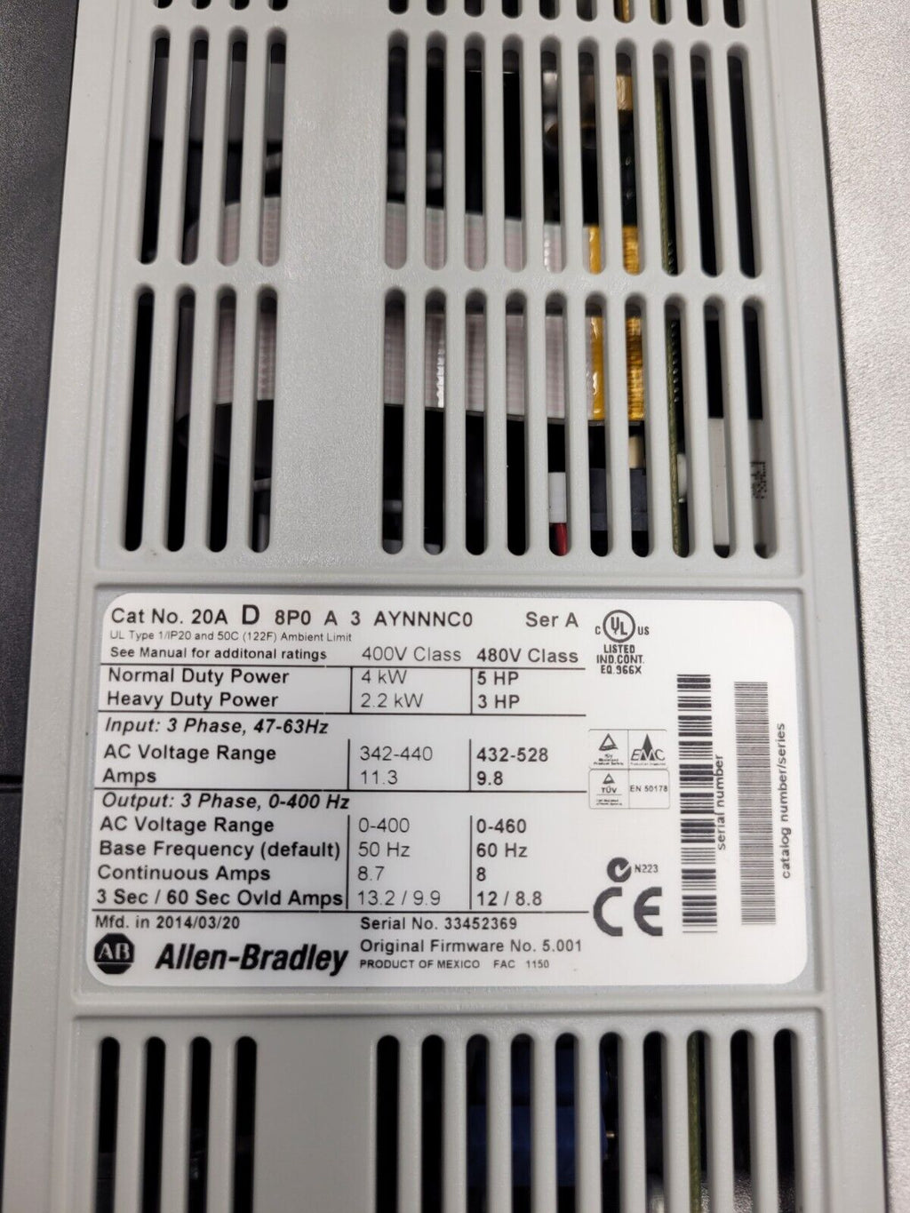 Allen Bradley 20AD8P0A3AYNNNC0 /A PowerFlex 70 480V 5HP AC VFD Motor Drive 2014