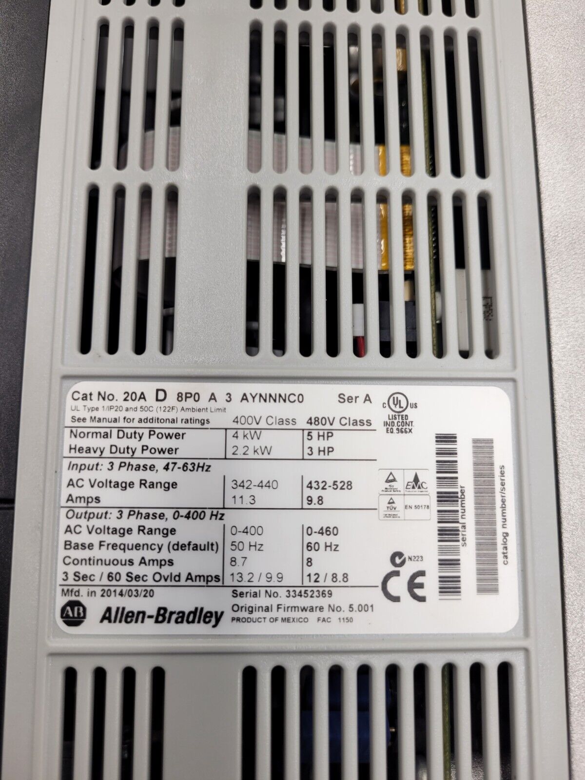 Allen Bradley 20AD8P0A3AYNNNC0 /A PowerFlex 70 480V 5HP AC VFD Motor Drive 2014