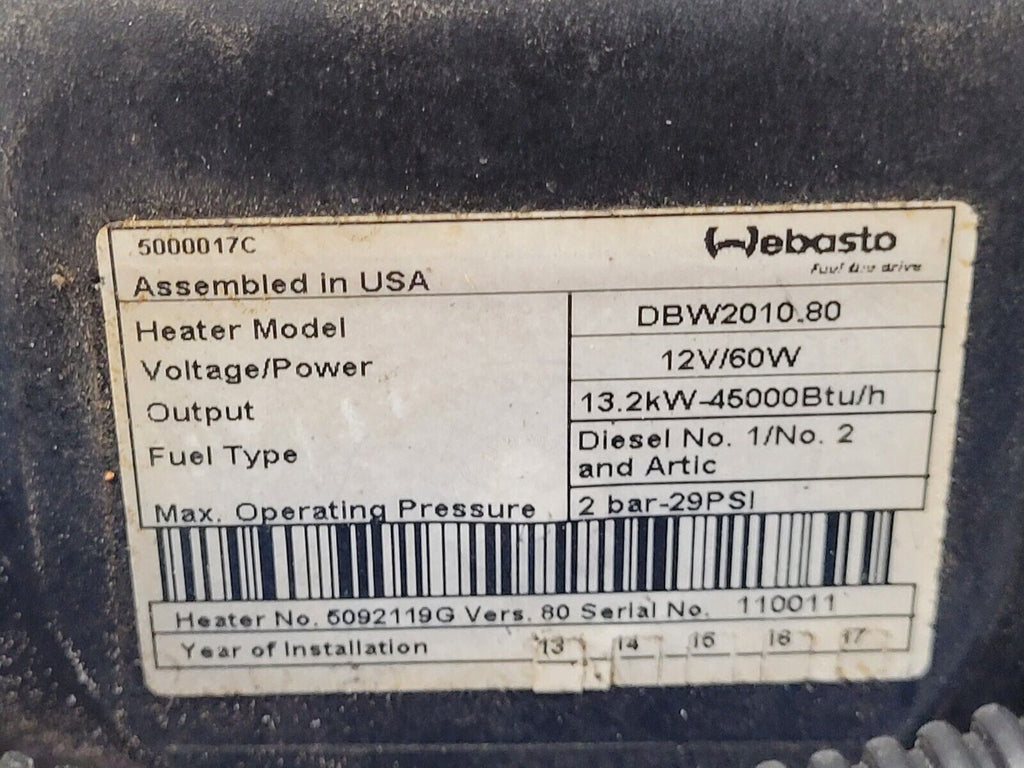 Webasto Arctic Fox DBW2010.80 Diesel Heater 13.2kW 12 Volt 60W With Cover B5