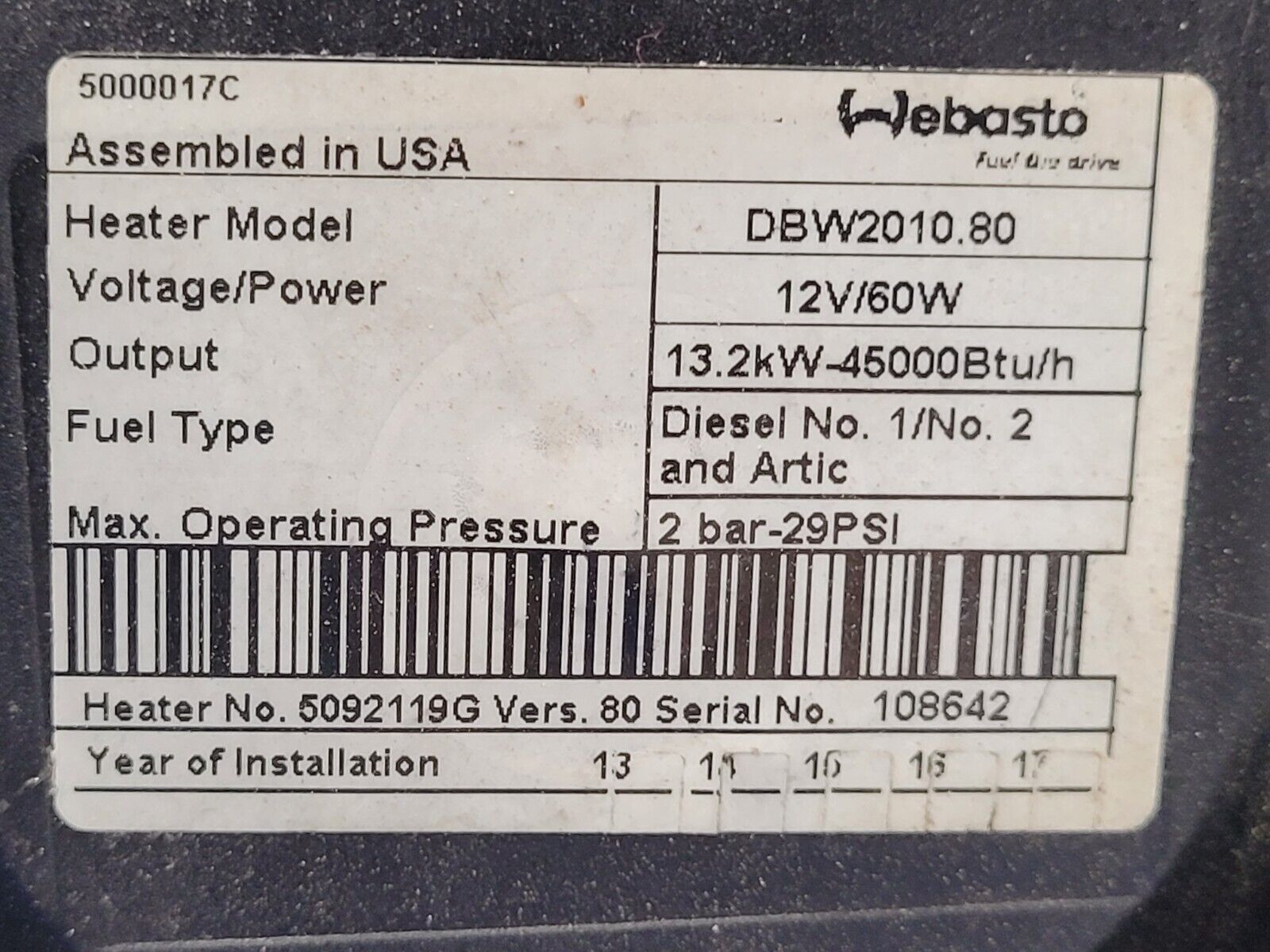 Webasto Arctic Fox DBW2010.80 Diesel Heater 13.2kW 12 Volt 60W With Cover B9
