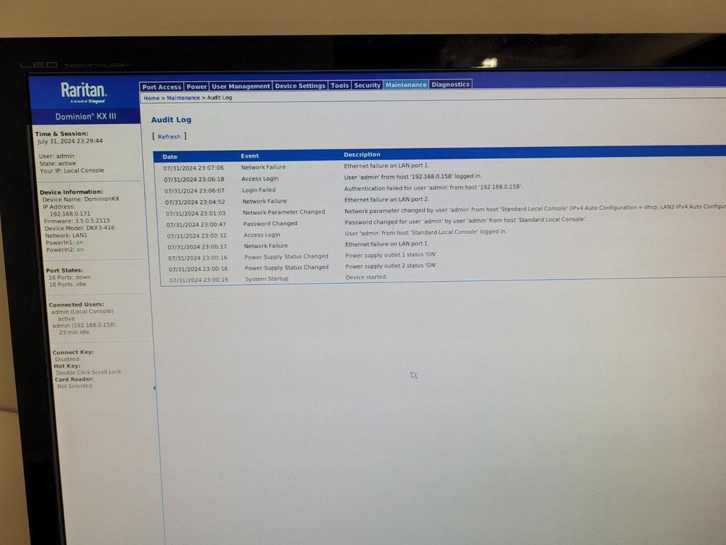 Raritan Dominion KX III DKX3-416 16-Port KVM Over IP Switch Tested Working