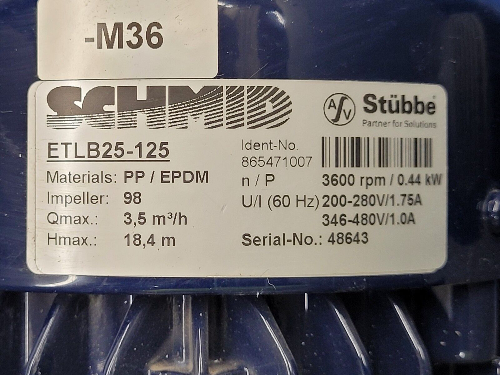 Schmid Stubbe ETLB25-125 Thermoplastic Vertical High Purity Chemical Sump Pump