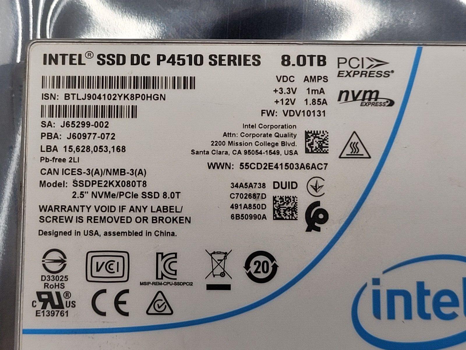 P4510 8TB Intel SSD Series DC NVME U.2 2.5" SSDPE2KX080T8 Solid State Drive