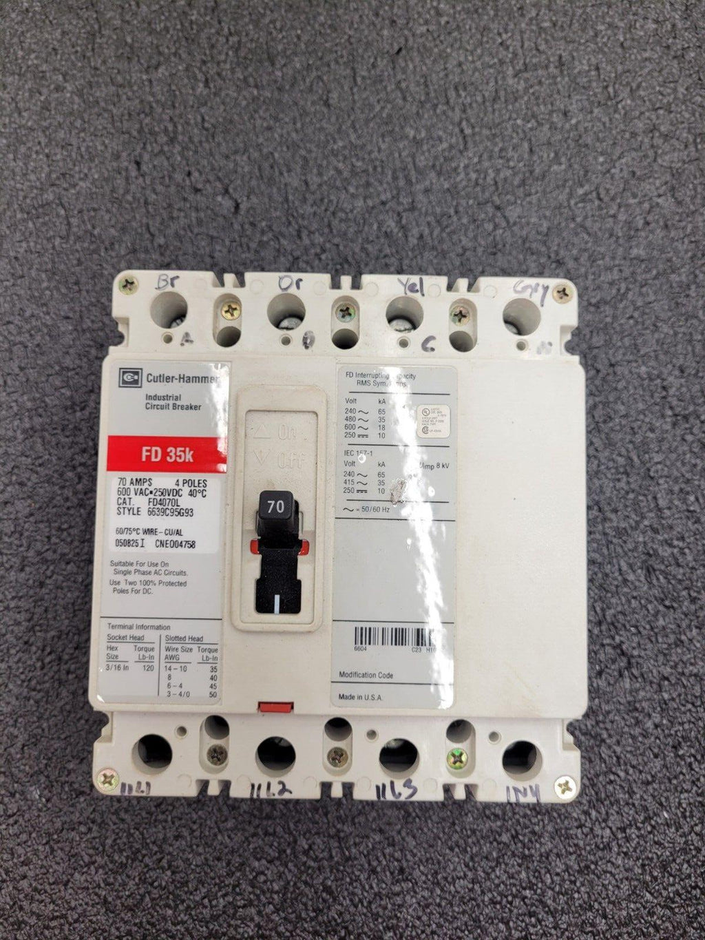 Cutler Hammer FD 35K FD3070L 70A 600 VAC 250 VDC 4-Pole Circuit Breaker