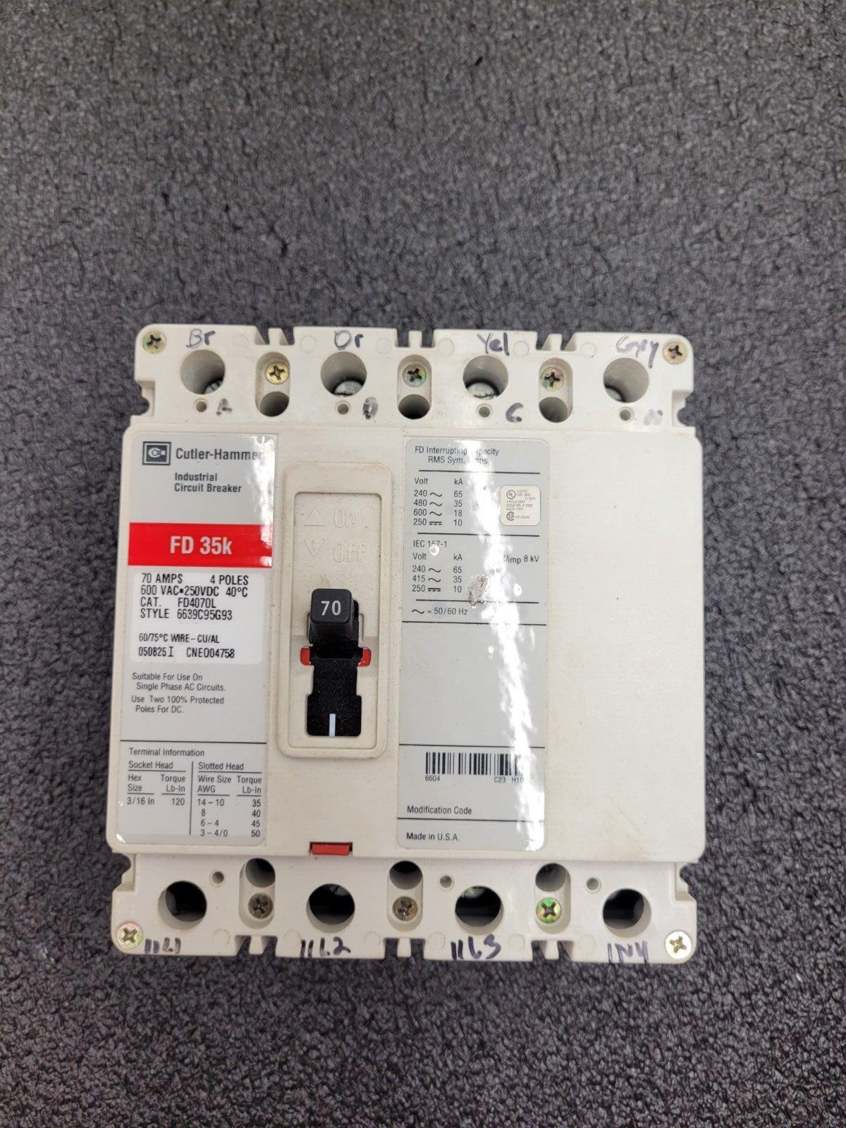 Cutler Hammer FD 35K FD3070L 70A 600 VAC 250 VDC 4-Pole Circuit Breaker