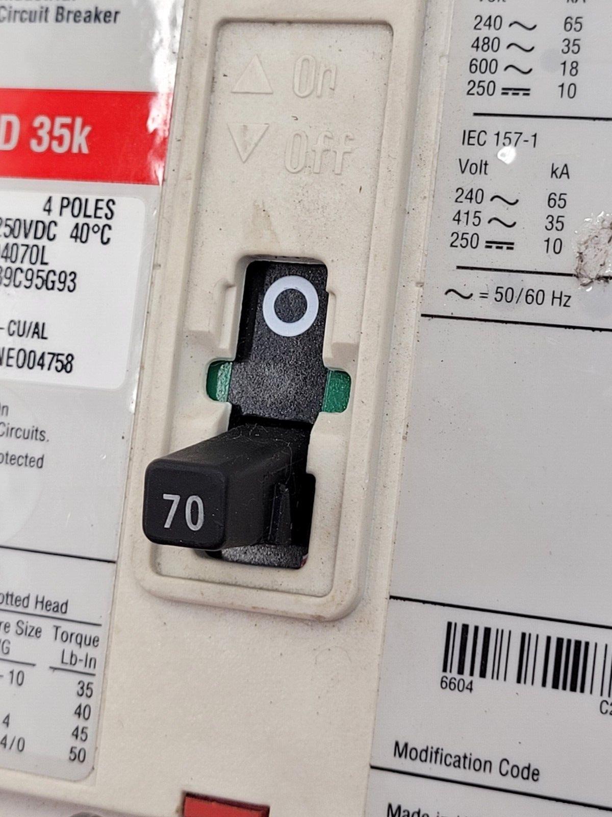 Cutler Hammer FD 35K FD3070L 70A 600 VAC 250 VDC 4-Pole Circuit Breaker