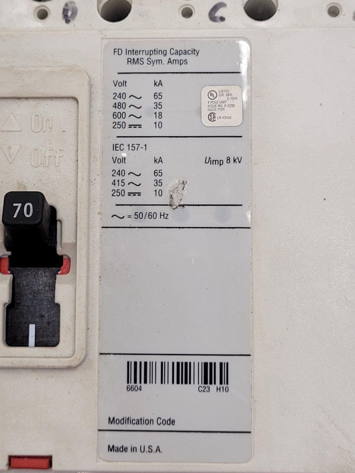 Cutler Hammer FD 35K FD3070L 70A 600 VAC 250 VDC 4-Pole Circuit Breaker