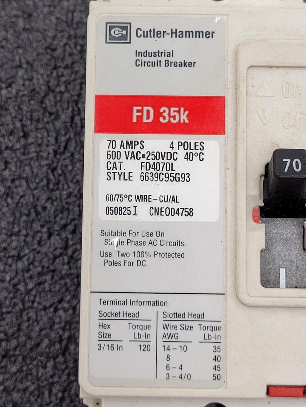 Cutler Hammer FD 35K FD3070L 70A 600 VAC 250 VDC 4-Pole Circuit Breaker