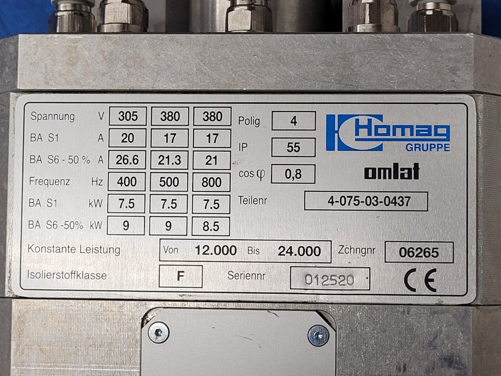 Homag Weeke Omlat High Speed 9kW Spindle 12K-24K RPM Working Pull 4-075-03-0437