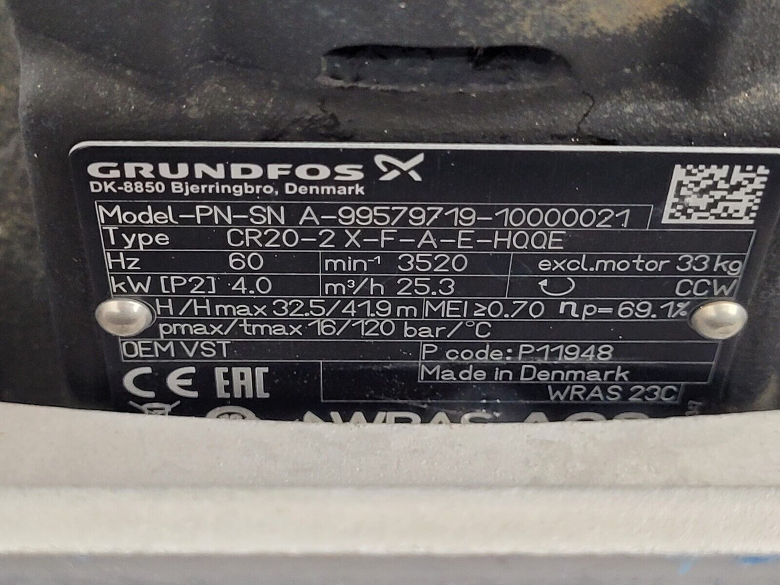 Grudfos CR20-2X-F-A-E-HQQE Never Installed Virtical Multistage Centrifugal Pump