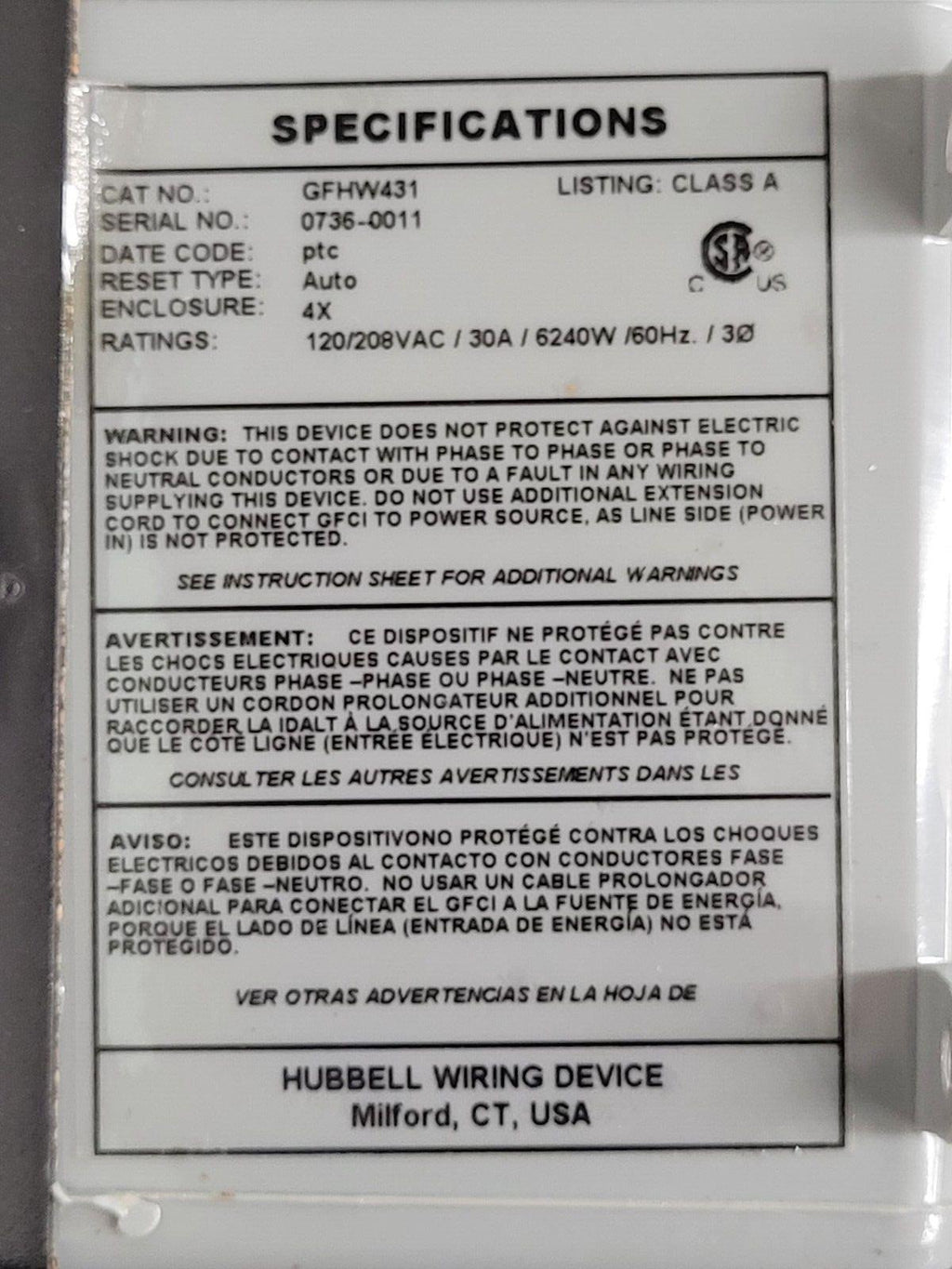 GFHW431 Hubbell GFCI Hard Wired 3 PH 120/208V 30A Yellow Used Working Pull