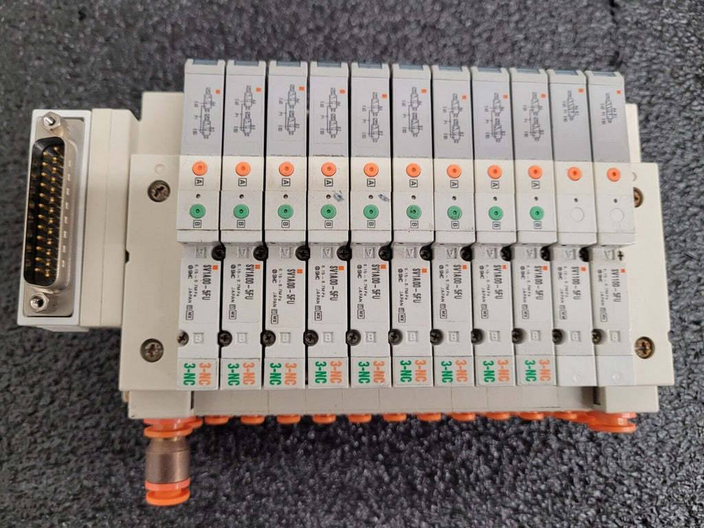 2x SMC Pneumatic Valve Block Lot w/19 valves SV1A00-5FU SV1100-5FU DIN Rail