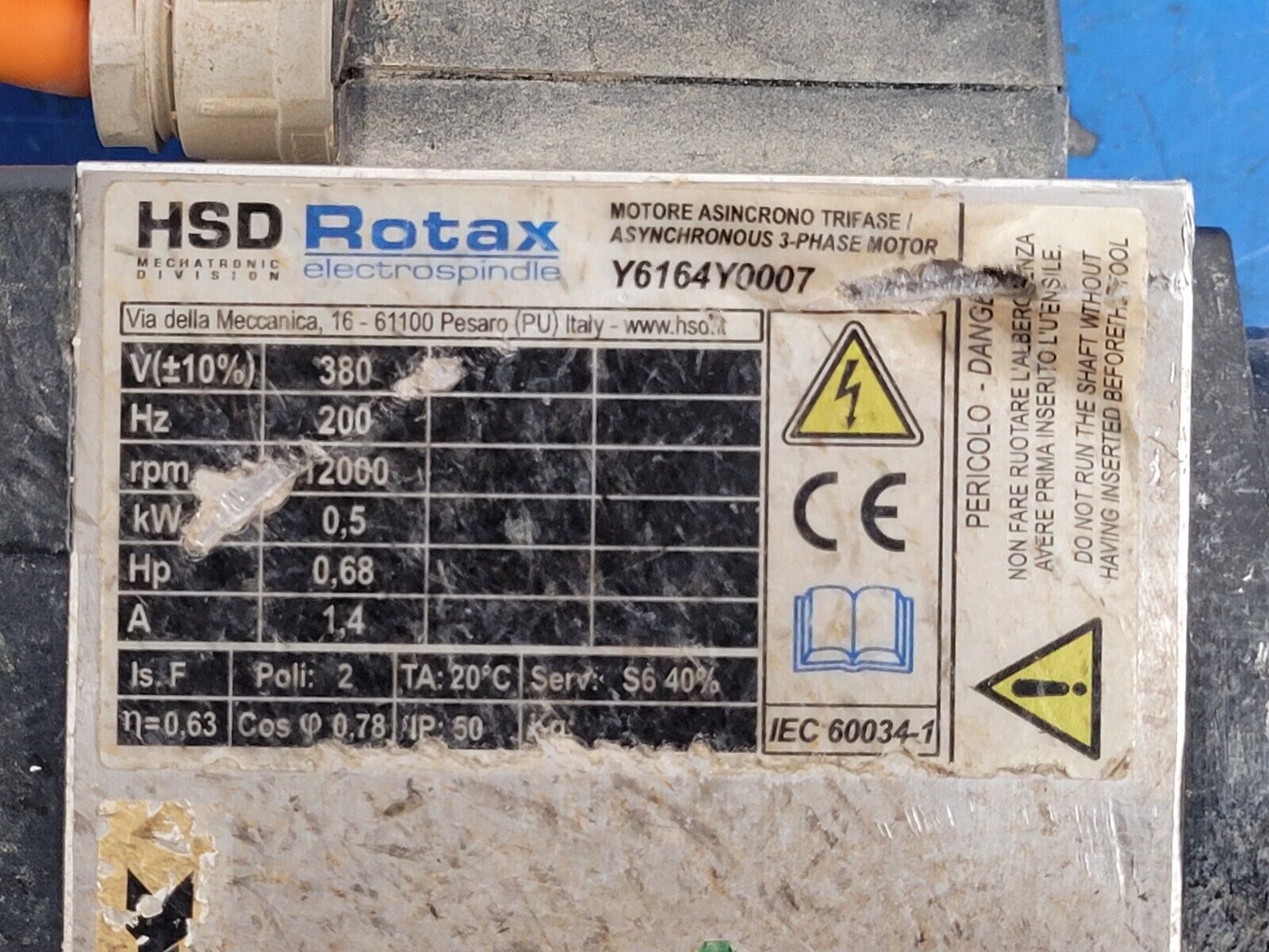 HSD Rotax Spindle Motor Y6164Y007 12000 rpm Polymac Akron 440 Spins ok