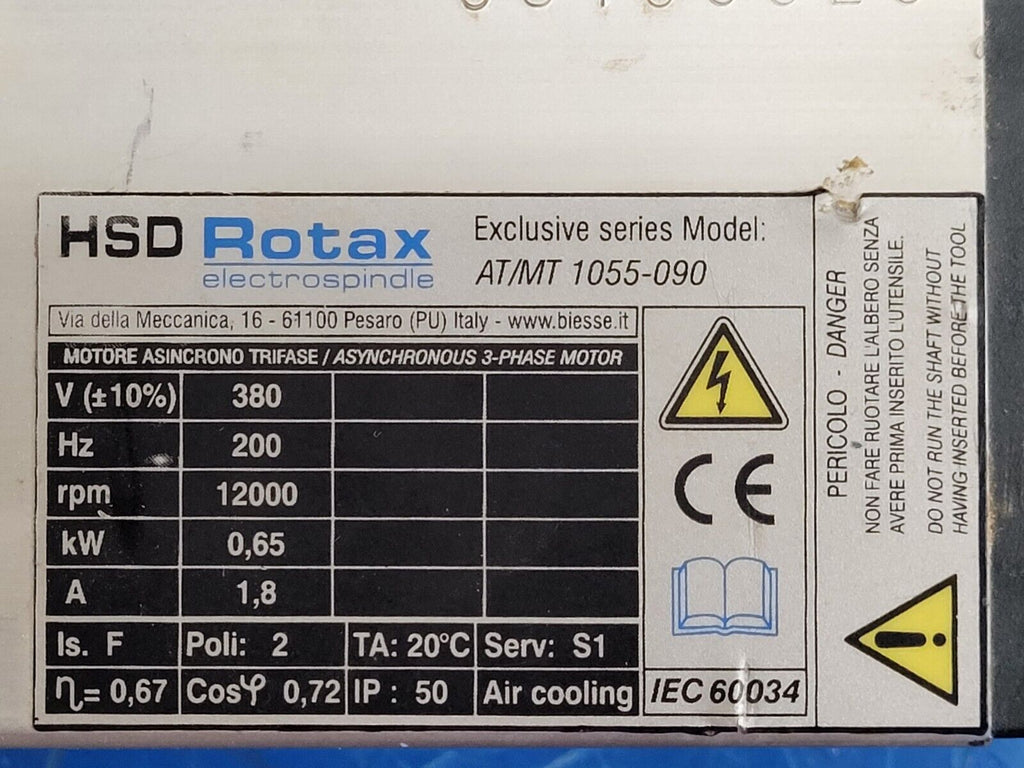 HSD Rotax Spindle Motor AT/MT 1055-090 12000 rpm Polymac Akron 440 Spins ok