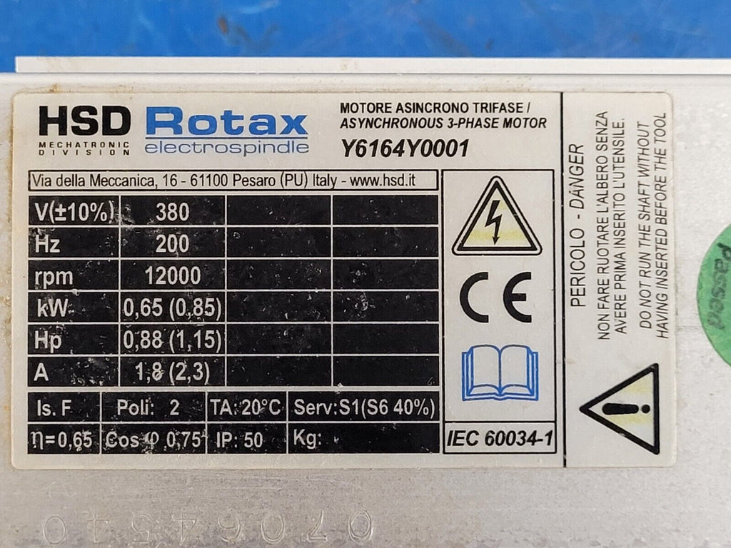 HSD Rotax Spindle Motor AT/MT 1055-090 12000 rpm Polymac Akron 440 Spins ok B