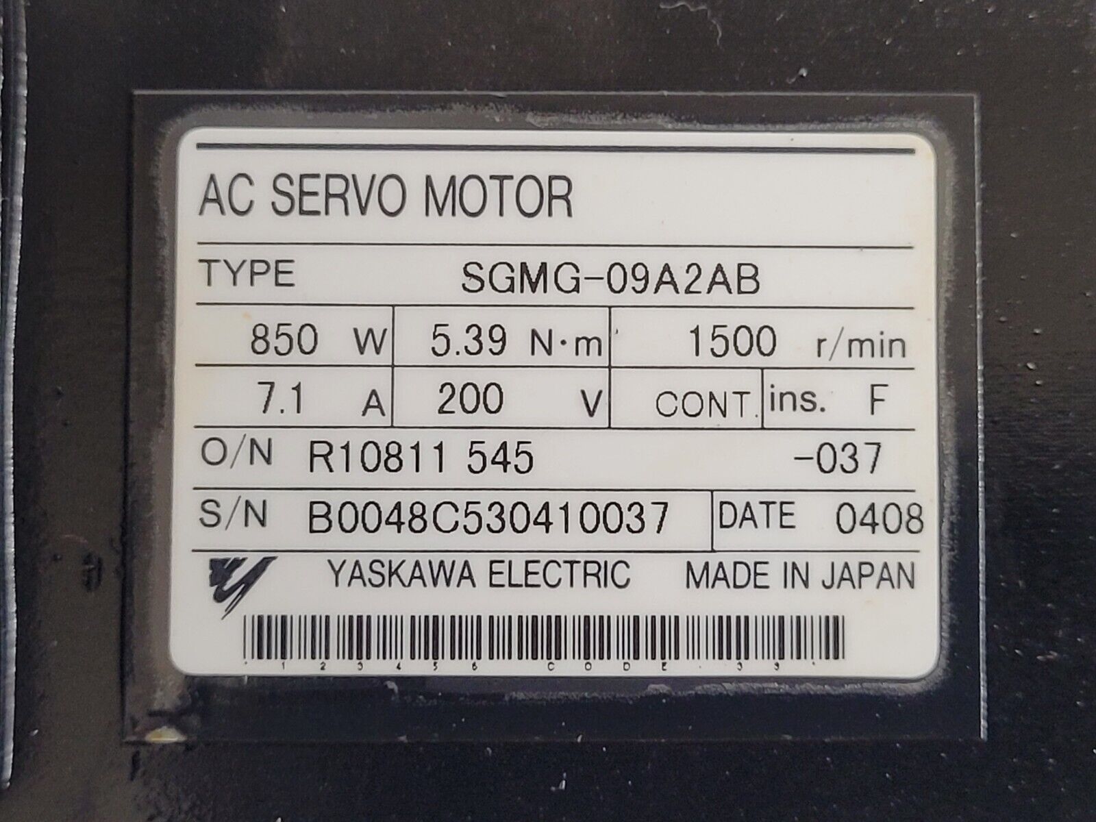 HAAS AC Servo Motor YASKAWA SGMG-09A2AB 2005 VF-2SS Working Pull Unit B