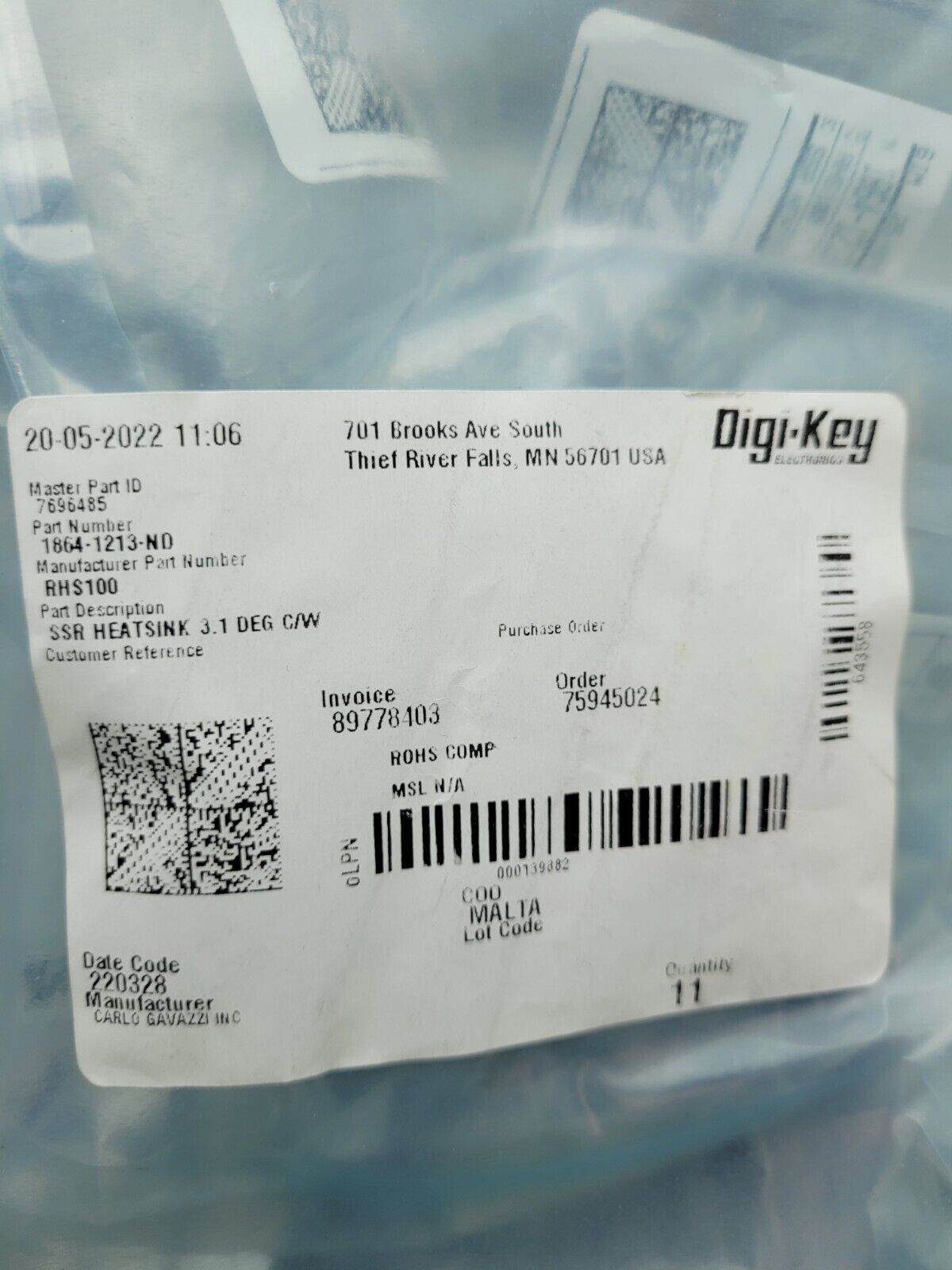 Digikey 1864-1213-ND Carlo Gavazzi SSR 3.1 Deg C/W Heatsink Assembly RHS100