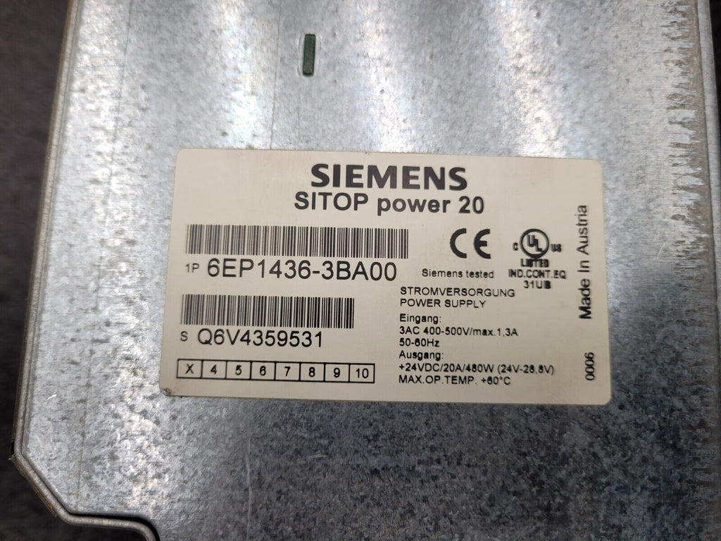 Siemens 6EP1436-3BA00 SITOP Power 20 Din-Rail Power Supply 480VAC to 24VDC 20A