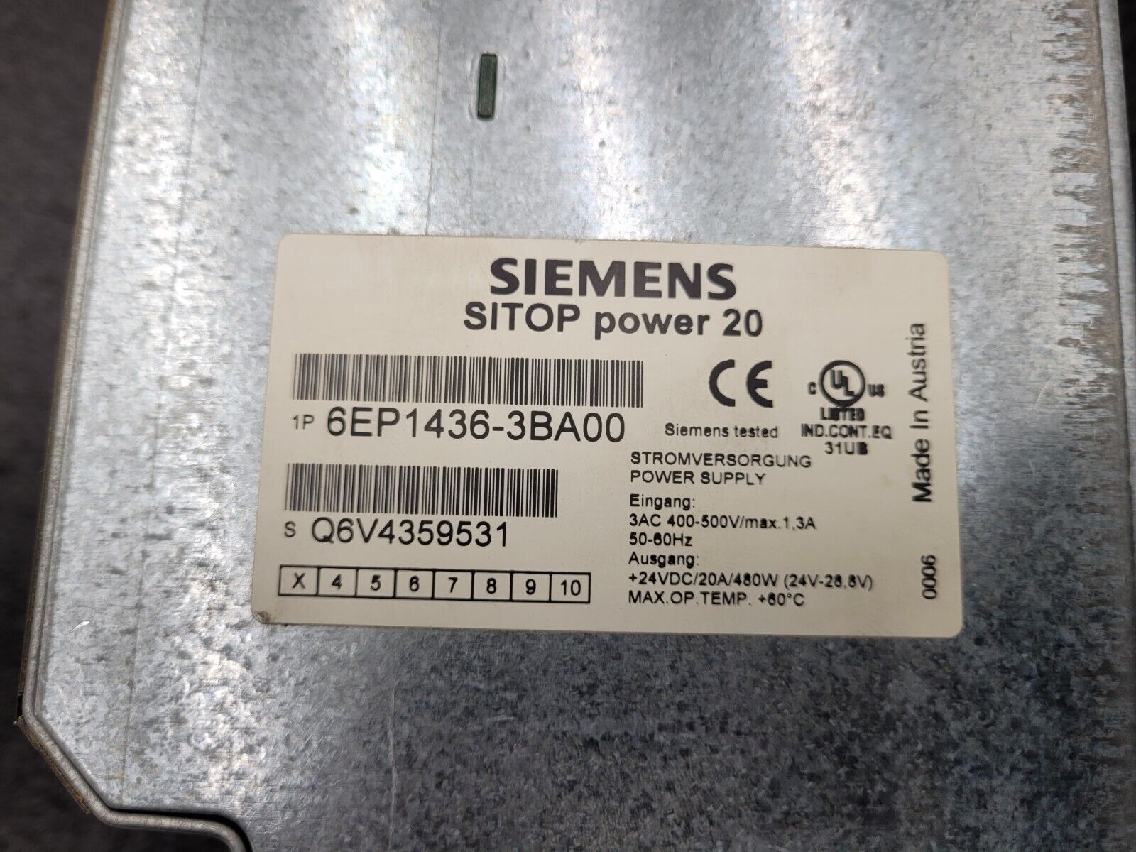Siemens 6EP1436-3BA00 SITOP Power 20 Din-Rail Power Supply 480VAC to 24VDC 20A