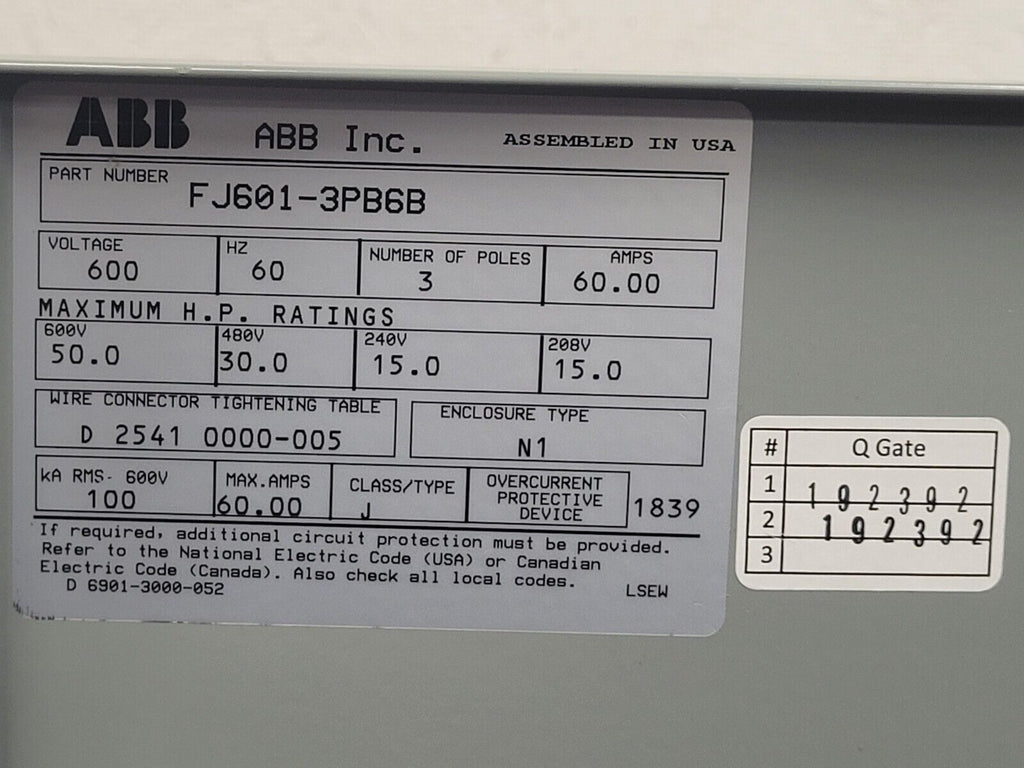 ABB FJ601-3PB6B Enclosed Disconnect Switch 3 Pole 60 Amp 600VAC NEW