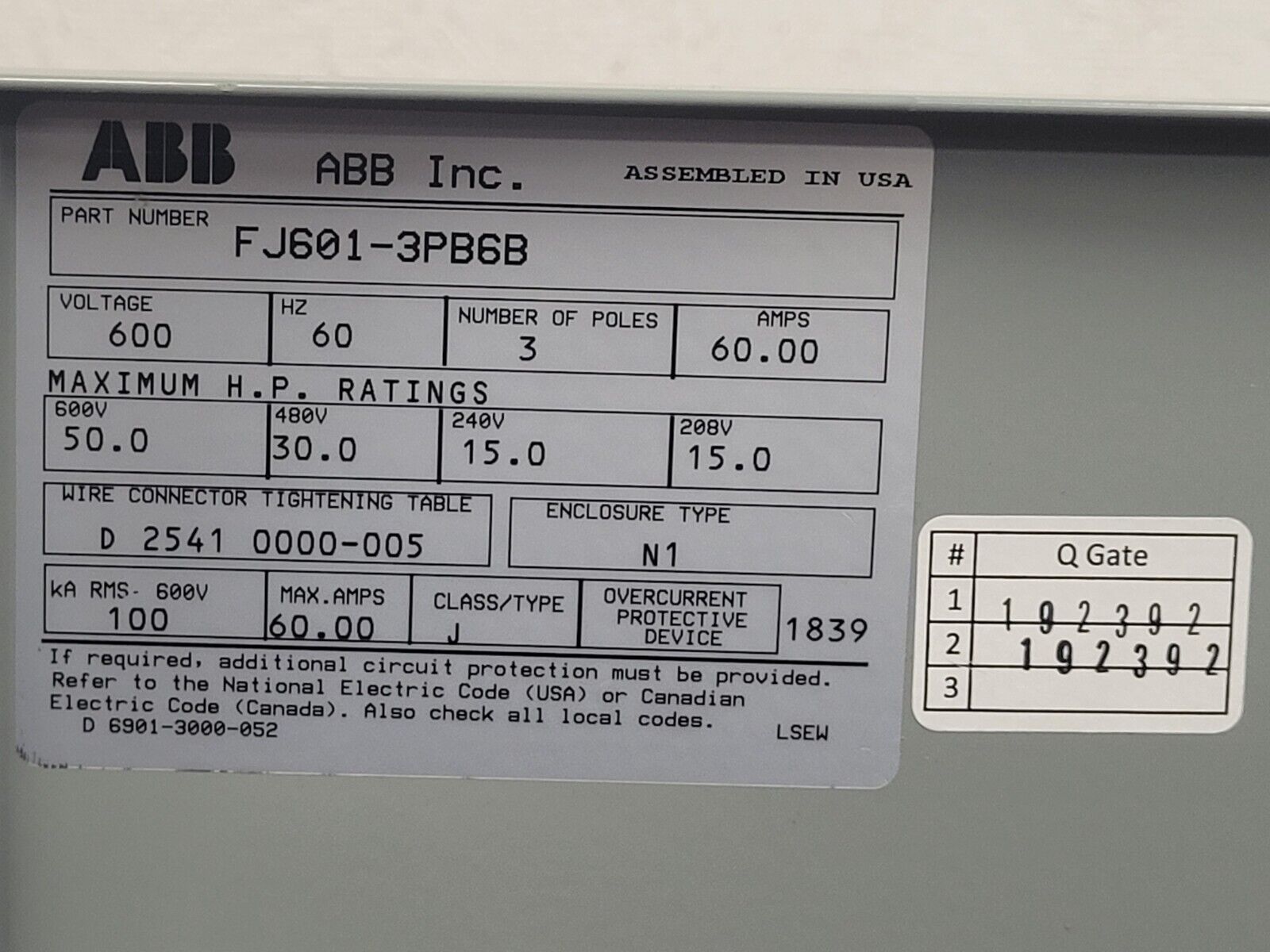 ABB FJ601-3PB6B Enclosed Disconnect Switch 3 Pole 60 Amp 600VAC NEW
