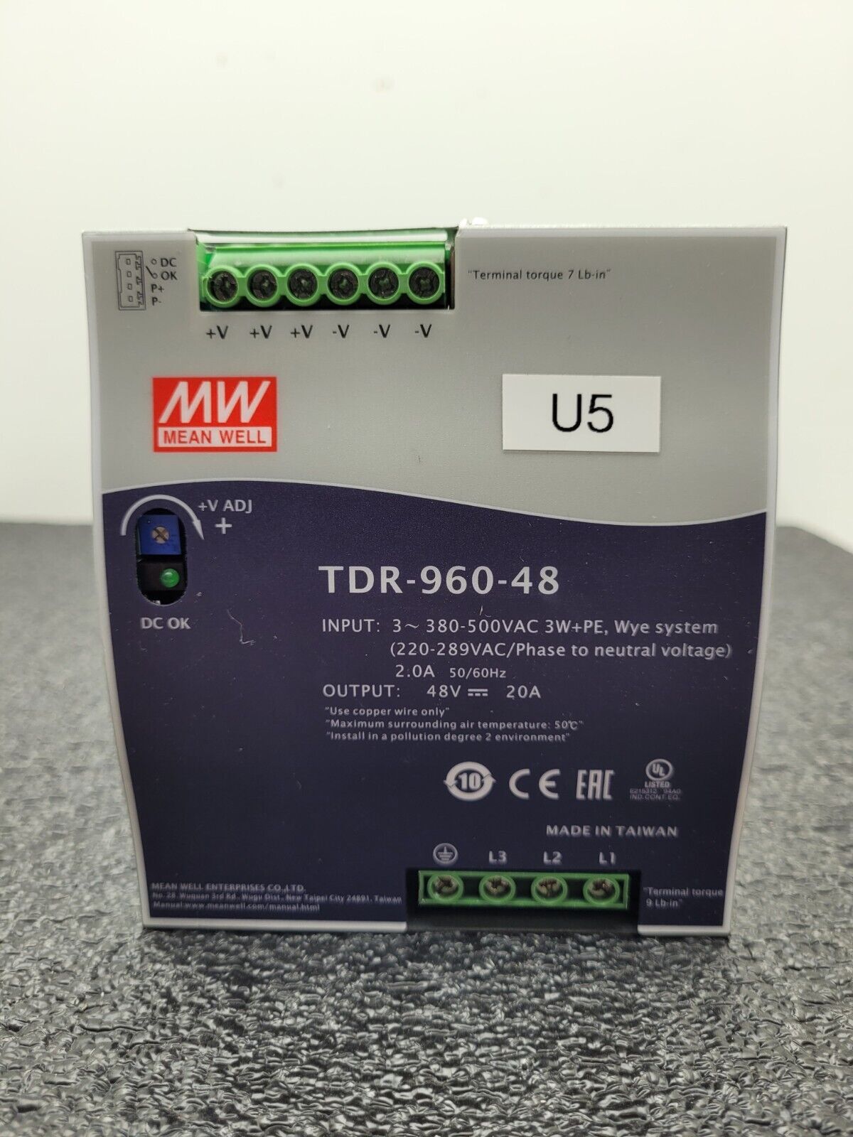 MEAN WELL TDR-960-48  Industrial Din Rail 3PH to 48VDC Power Supply 960W