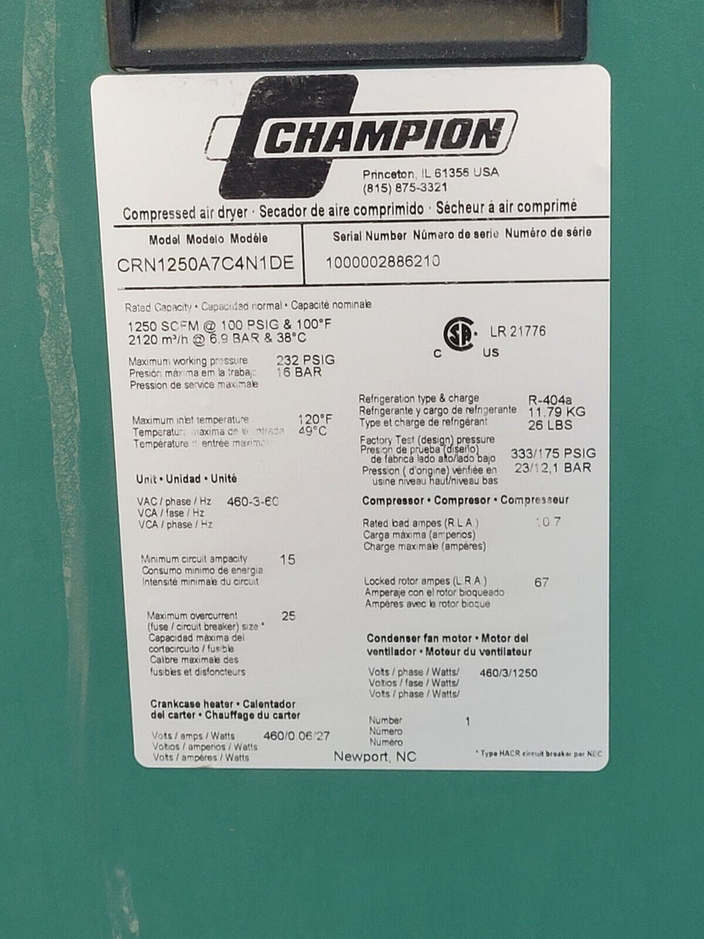 Champion Compressed Air Drier CRN1250A7C4N1DE 1250 SCFM 230PSI 460V 3PH 60Hz 12A
