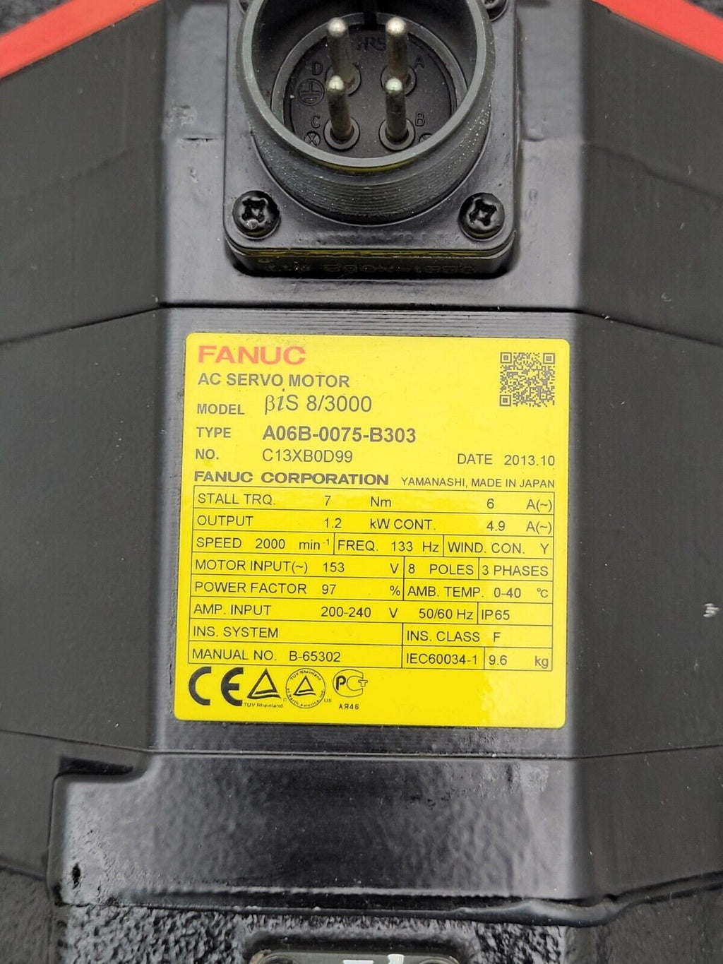 Fanuc A06B-0075-B303 AC Servo Motor 1.2kw 2000rpm Encoder A860-2020-T301 BiA128