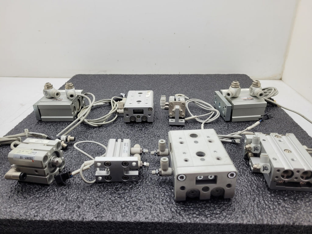 Lot of - 8 Assorted  SMC MXS 100PSI Linear Slide Guide Cylinder w/sensors