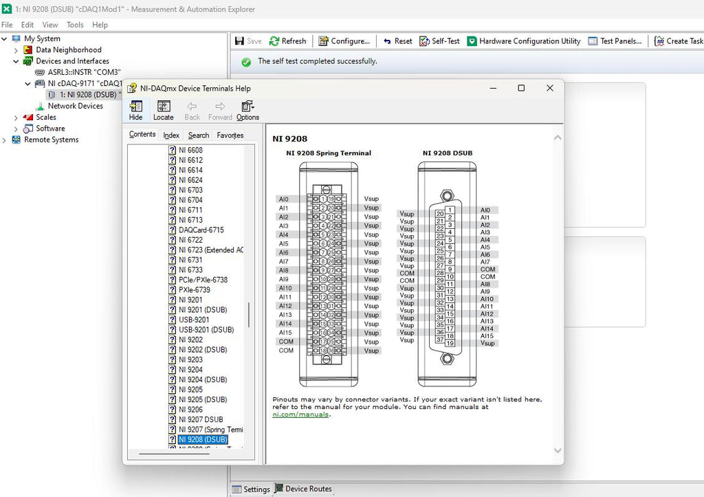 National Instrument NI-9208 16 Channel Analog input Module Passes Self Test