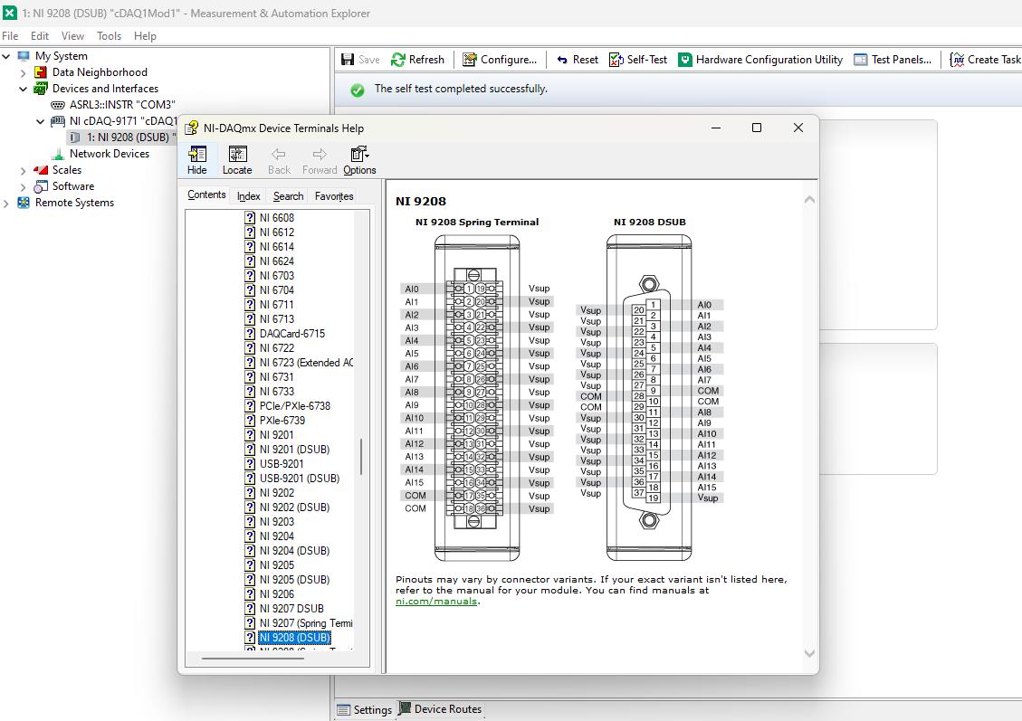National Instrument NI-9208 16 Channel Analog input Module Passes Self Test
