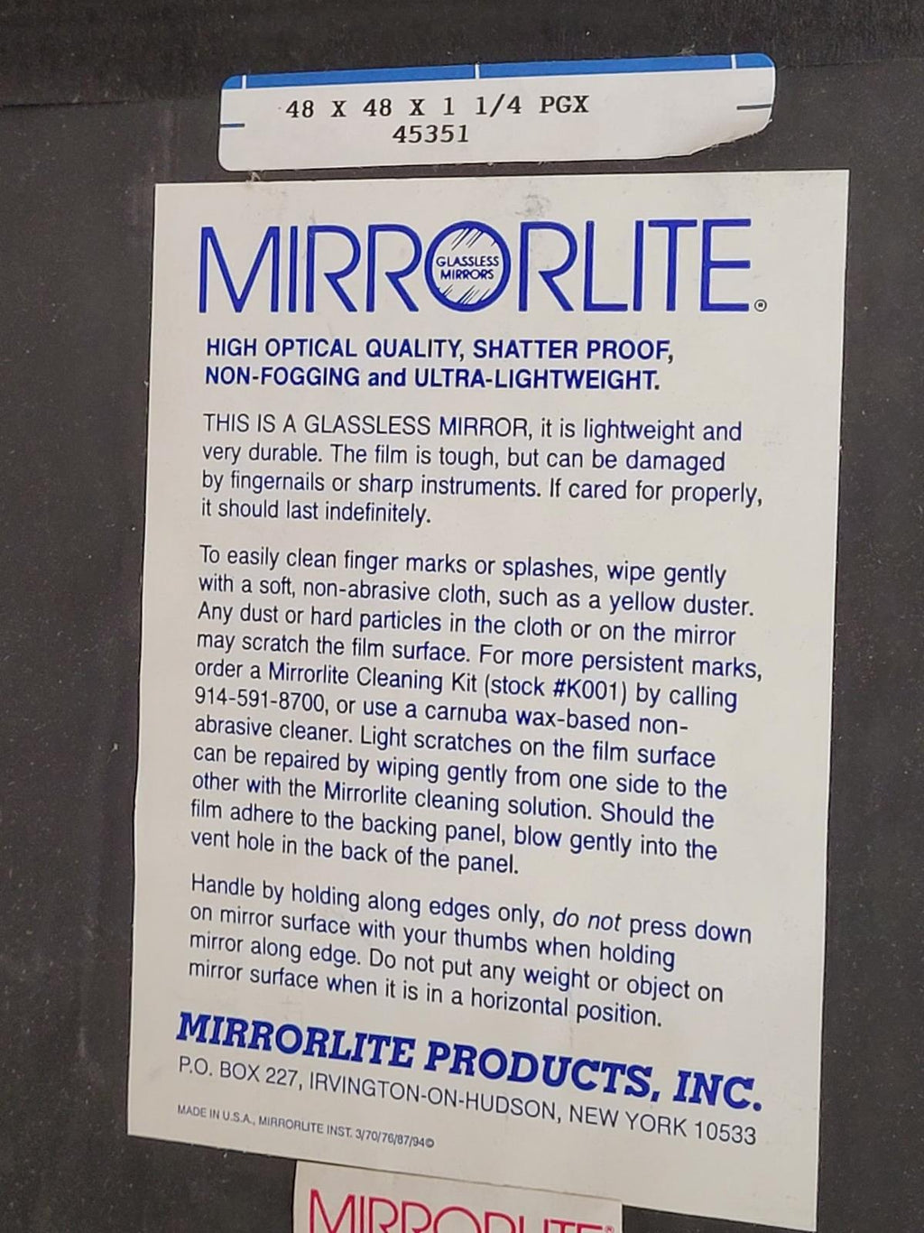 MirrorLite Glassless Mirror 45351 48x48x1.25" PGX Projector Grade Ceiling Mount