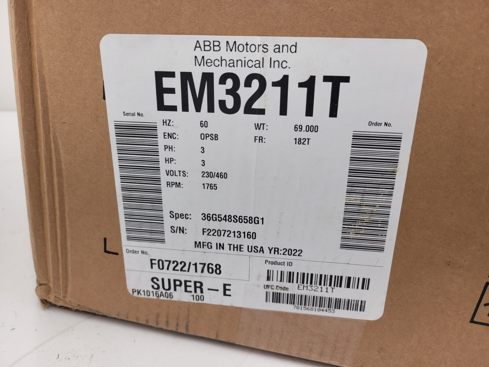 EM3211T Baldor-ABB Motors, EM Series 3HP, 1765RPM, 3PH, 60HZ, 182T, 3630M