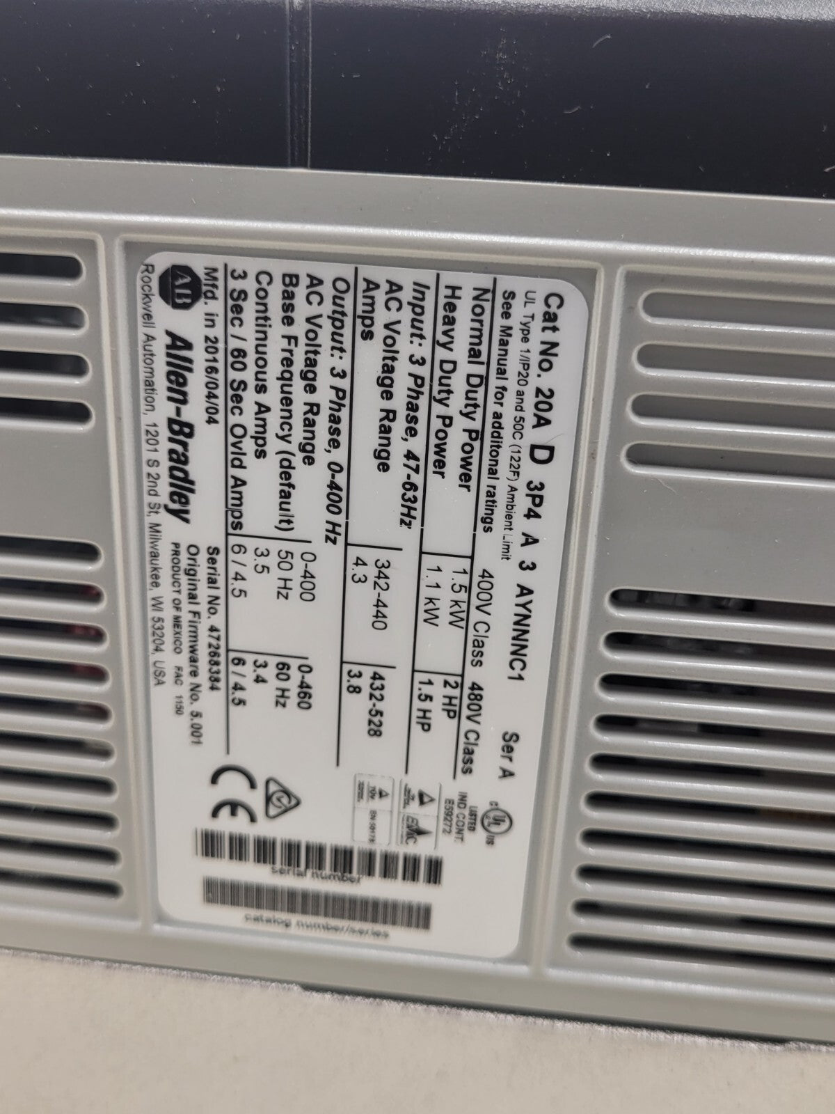 20AD3P4A3AYNNNC1 Allen bradley powerflex 70/3phase ac ,2hp,1.5kw,480VAC.