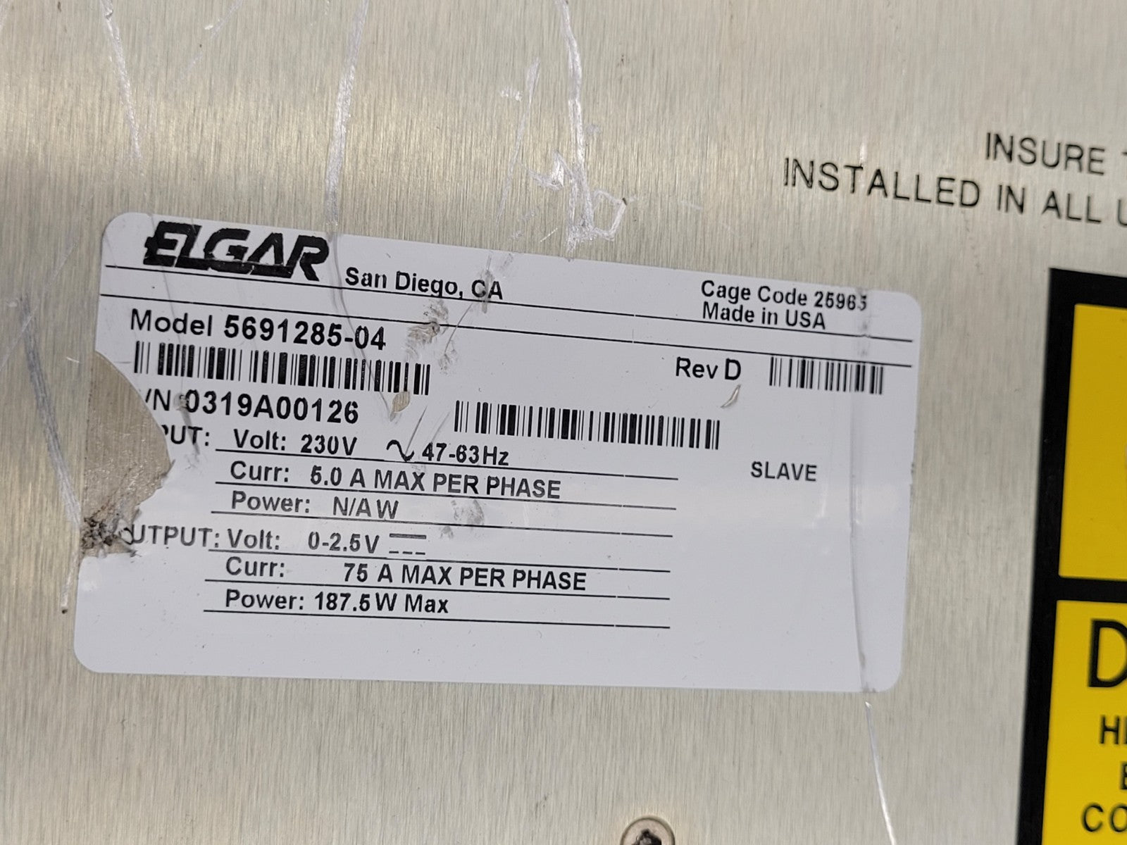 Ametek Elgar Sorensen 5691285-04 0-2.5VDC Output 75A Per Phase Slave PS