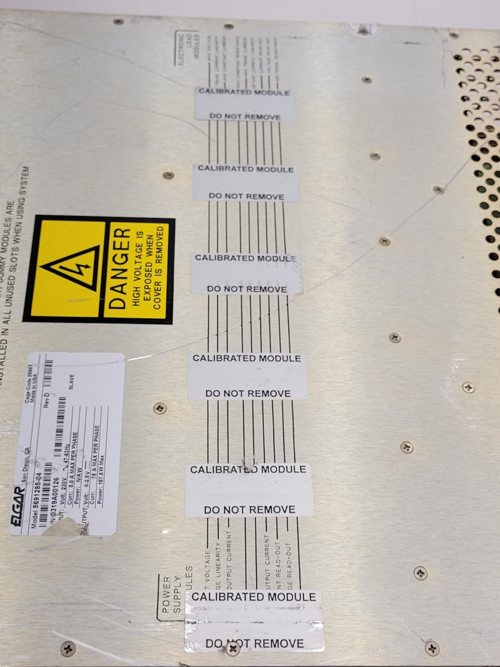 Ametek Elgar Sorensen 5691285-04 0-2.5VDC Output 75A Per Phase Slave PS