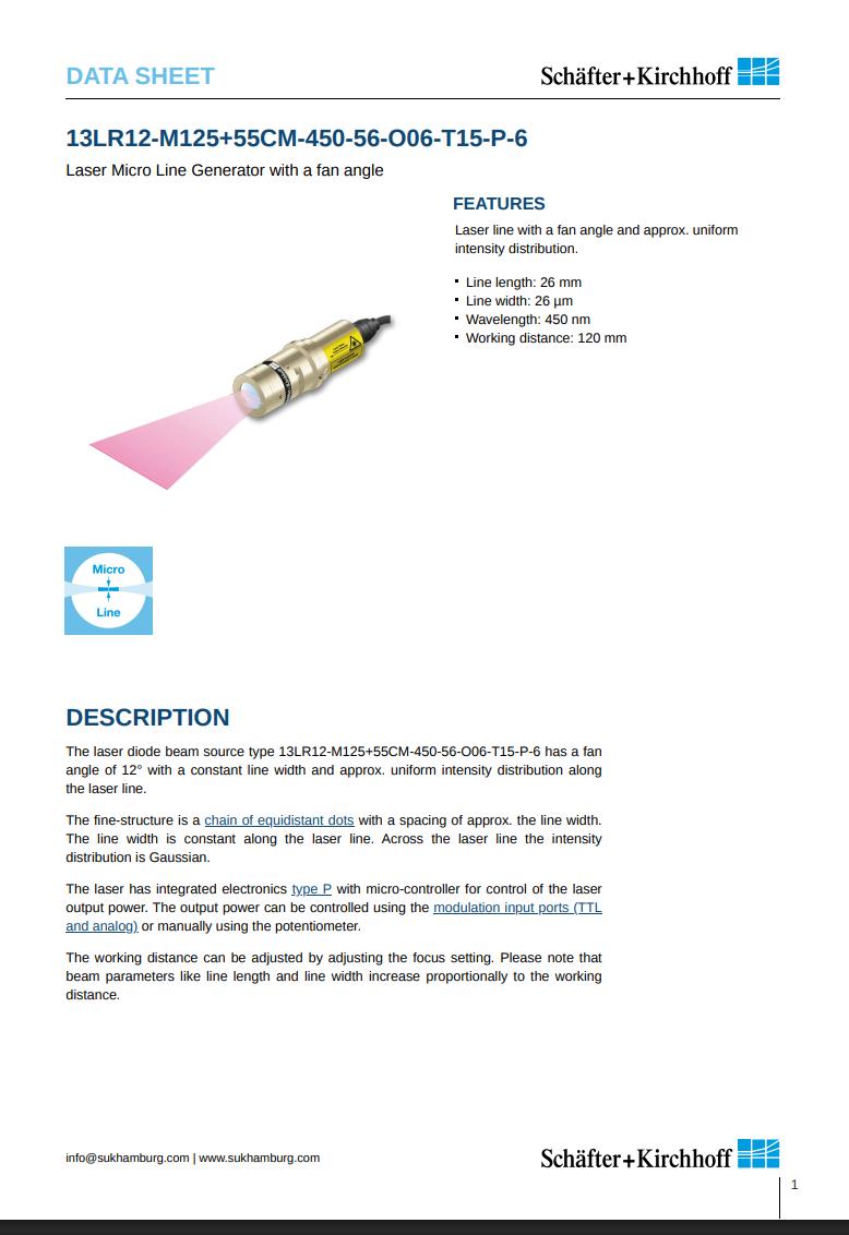 56mw Schafter + Kirchhoff 13LR12-M125 Laser Micro Line Generator 12° Fan Angle